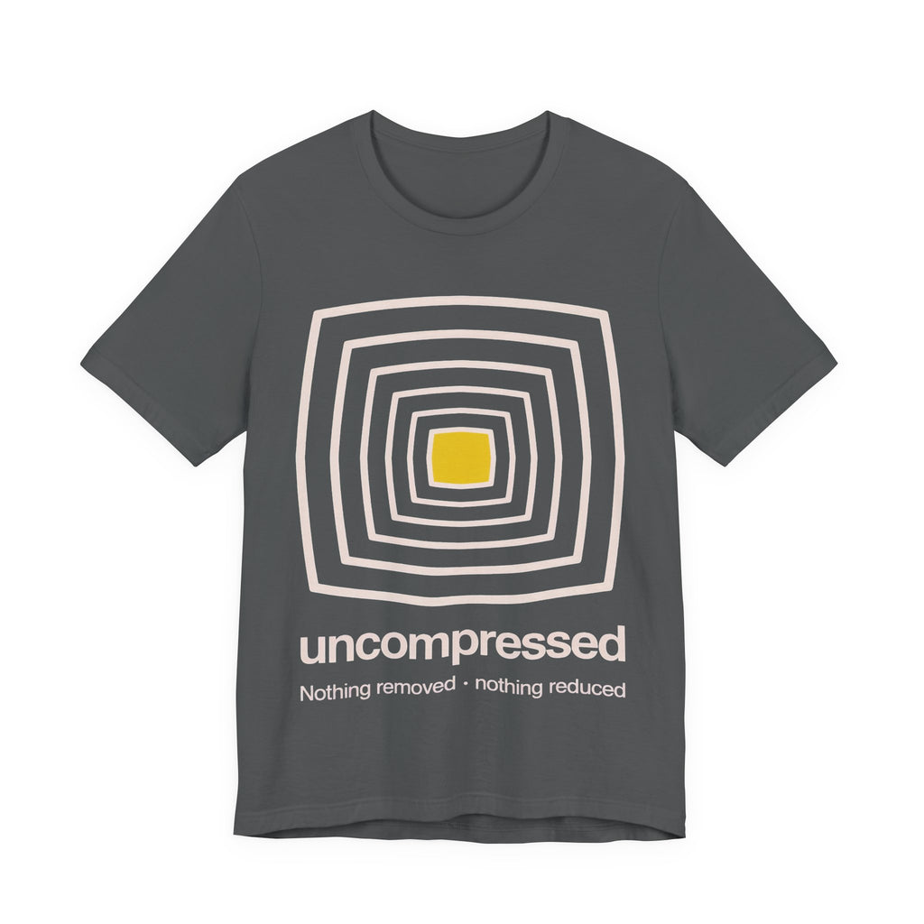 Gray t-shirt with a geometric design and 'uncompressed' text on a white background