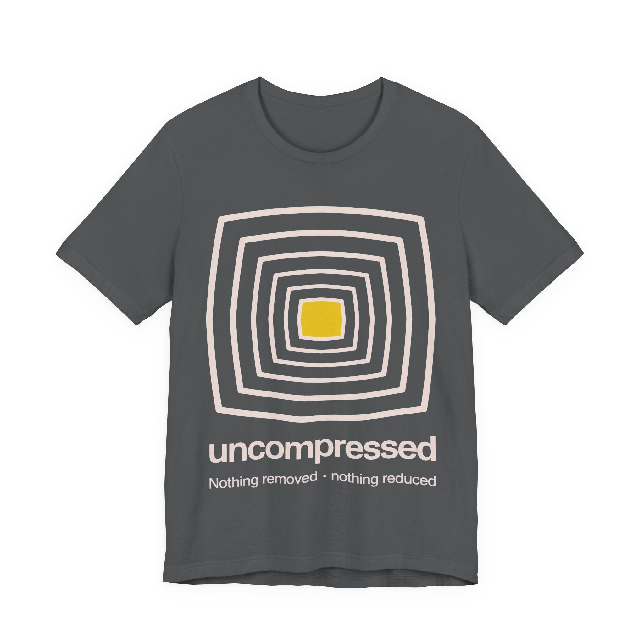 Gray t-shirt with a geometric design and 'uncompressed' text on a white background