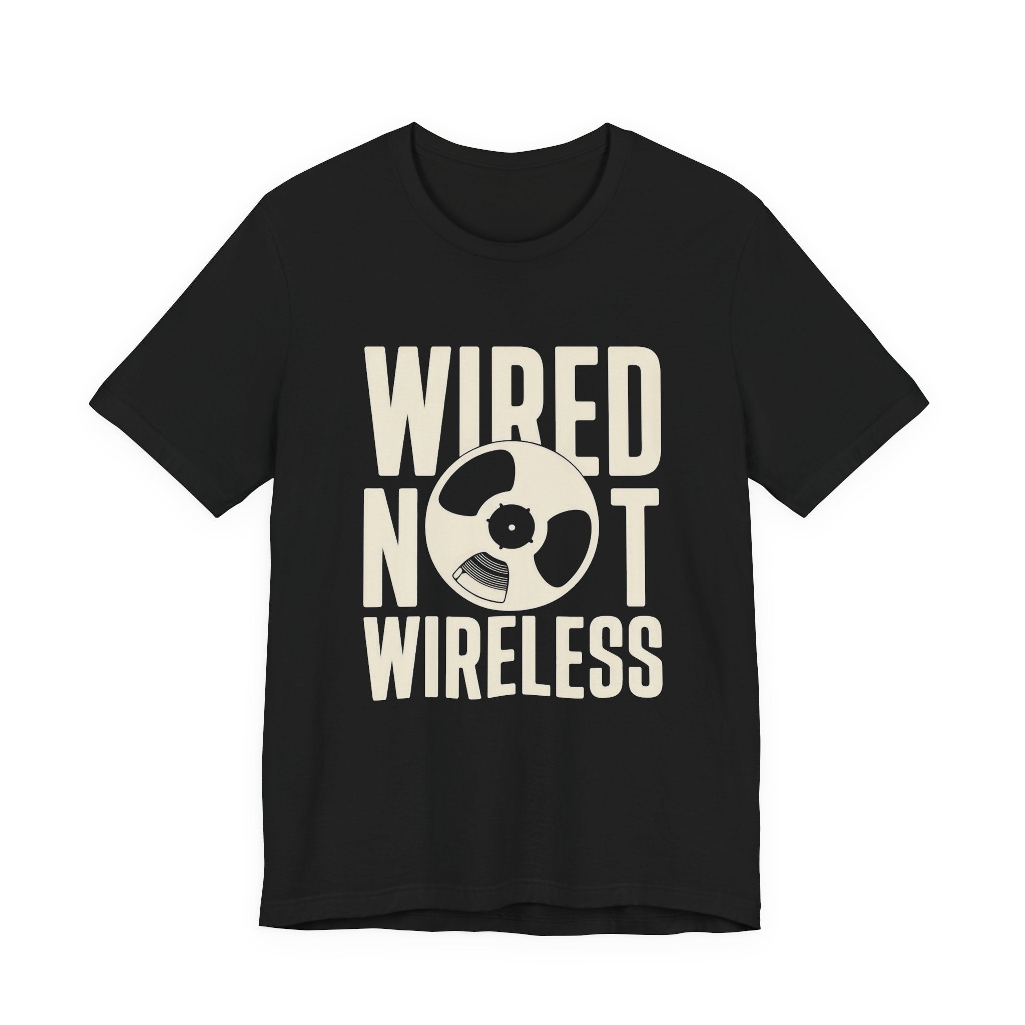 Dark grey t-shirt with 'Wired Not Wireless' text on a white background