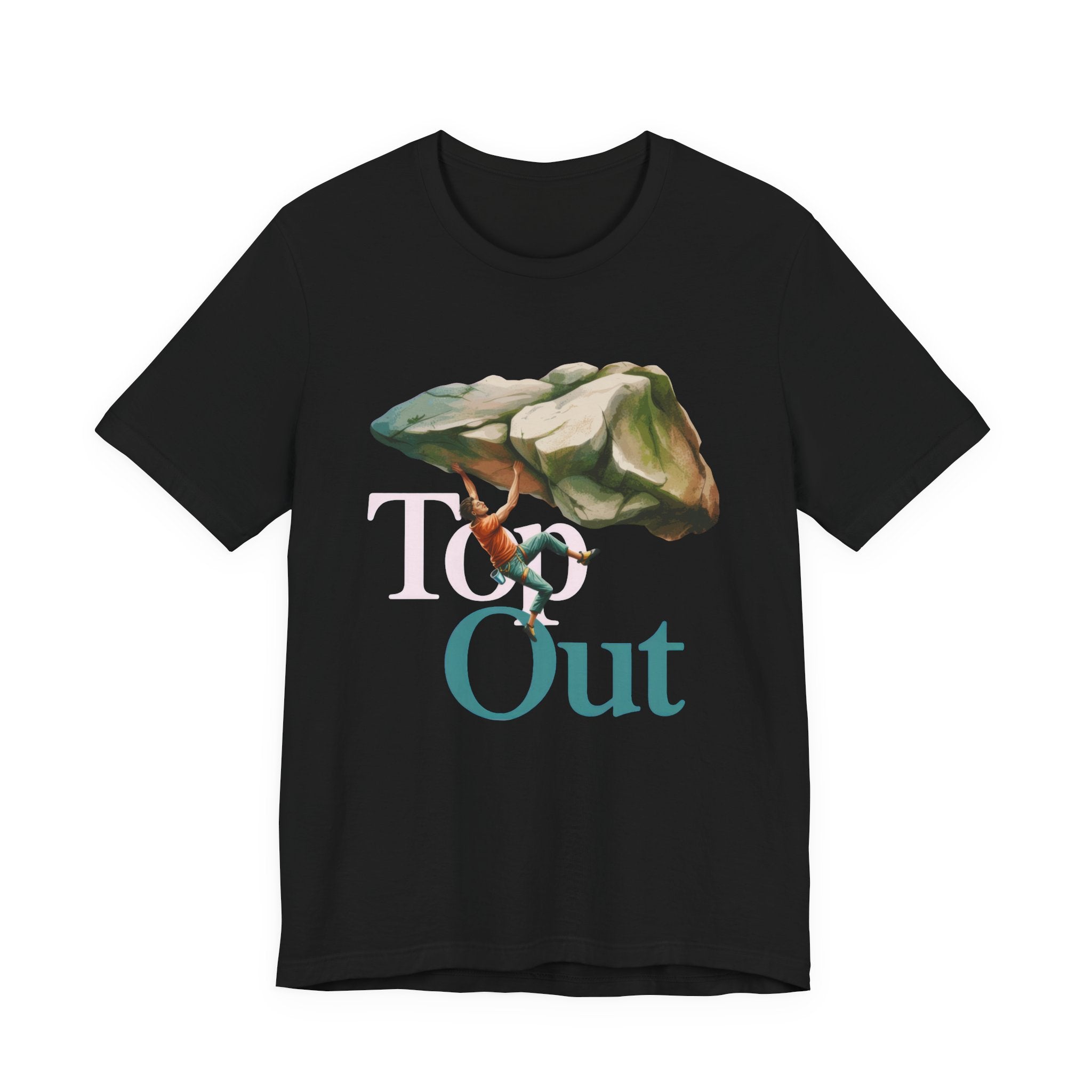 Black t-shirt with a graphic design of a person climbing a rock and the text 'Top Out' on a white background.