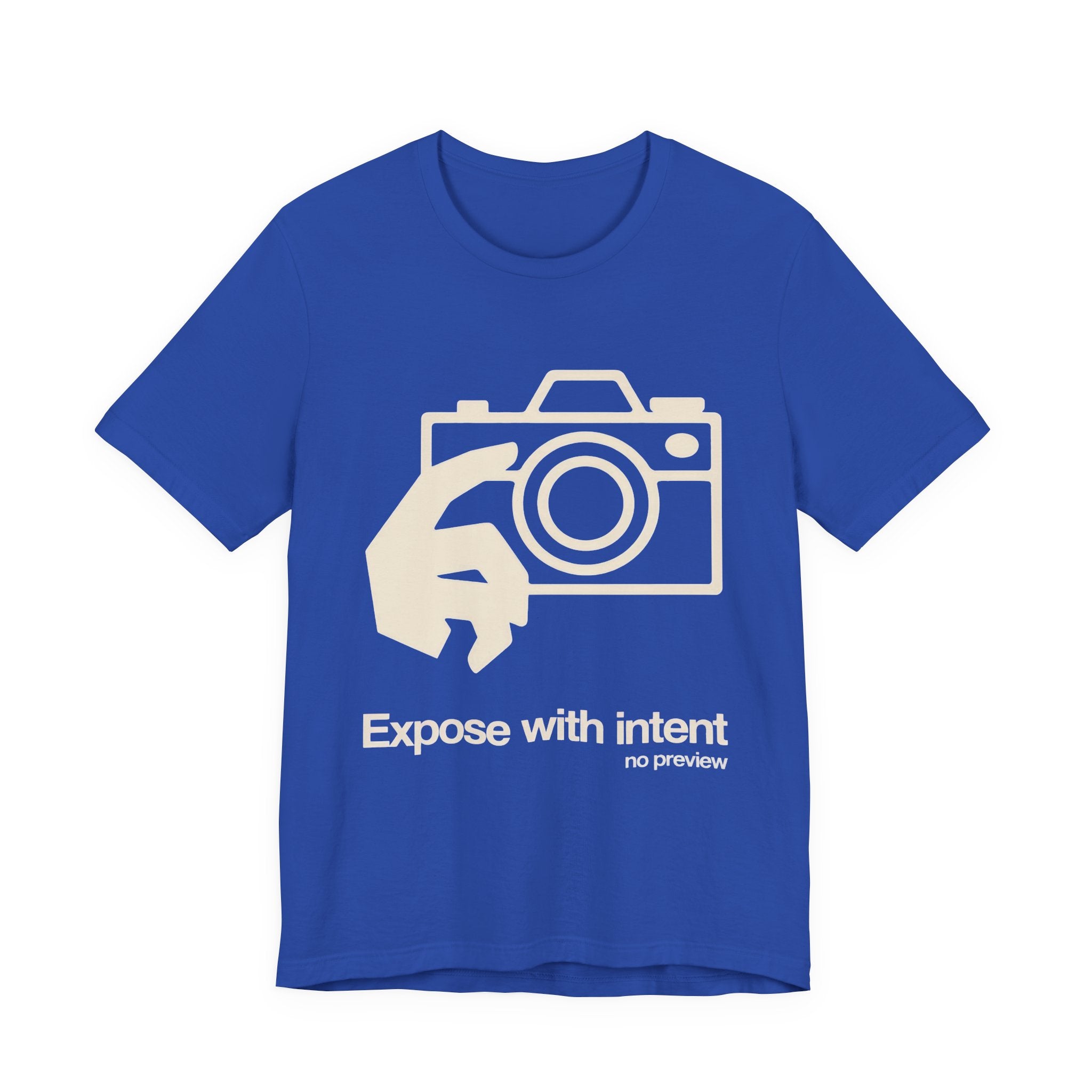 Blue t-shirt with graphic design and 'Expose With Intent' text on a white background