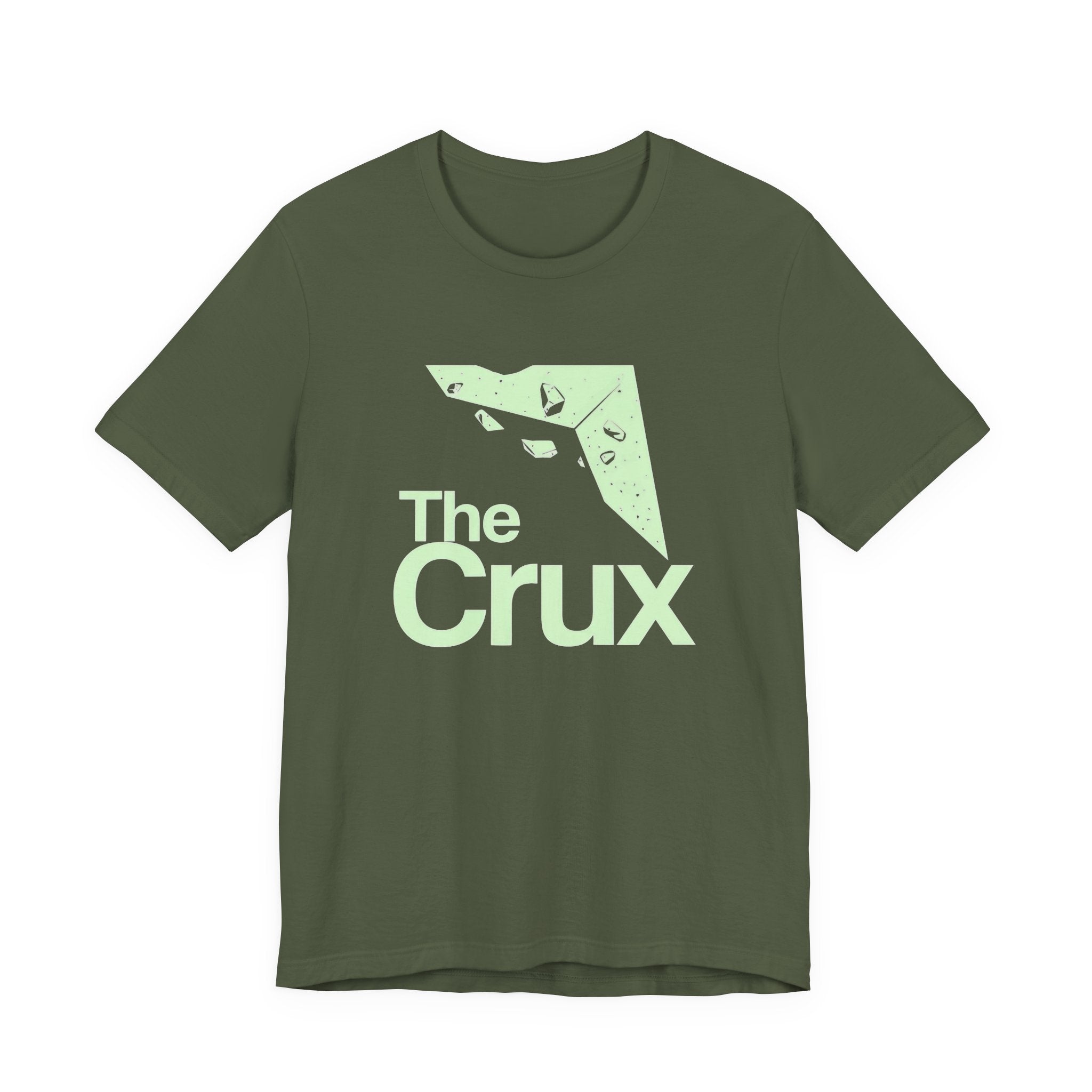 Green t-shirt with 'The Crux' logo on a white background