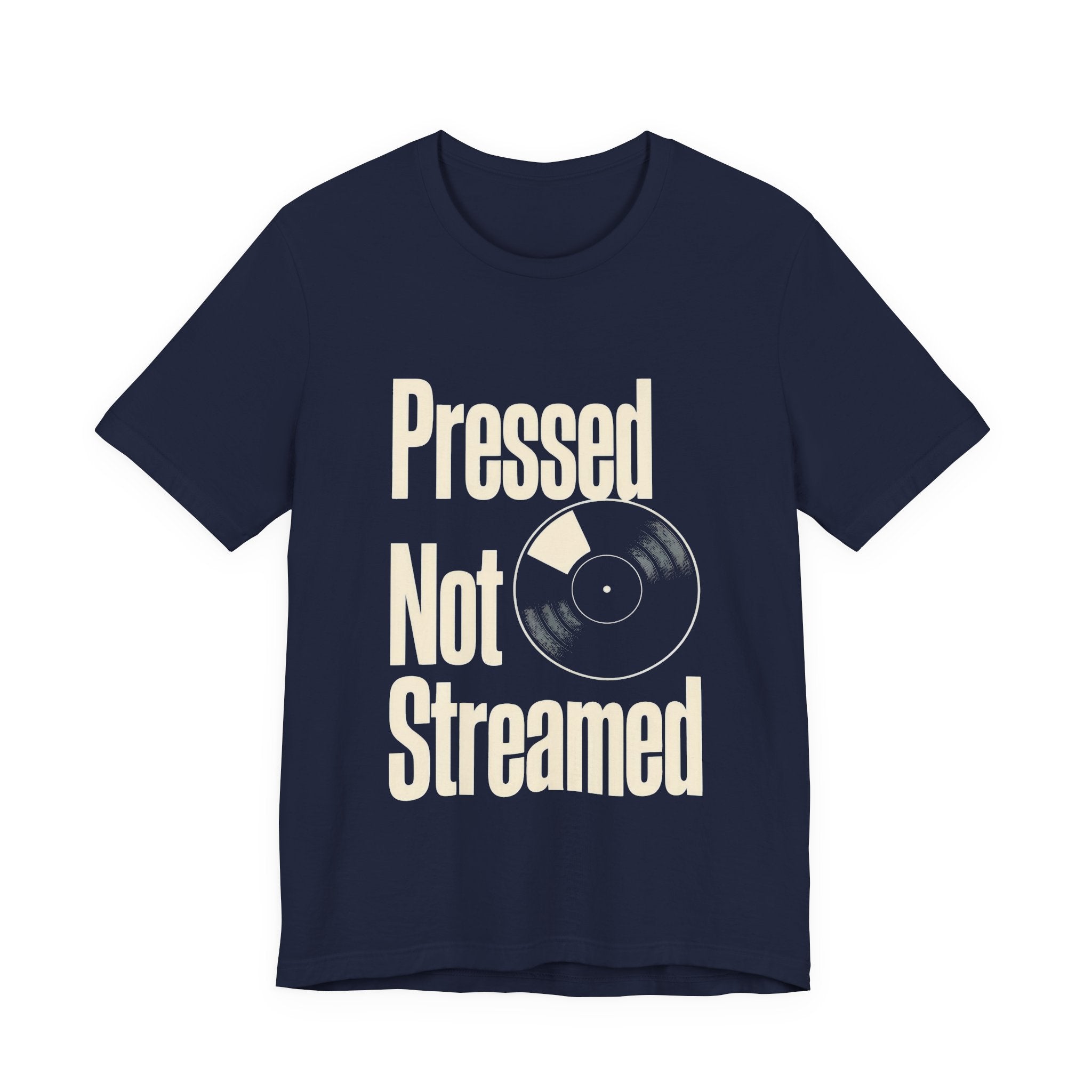 Navy t-shirt with a graphic of a person holding a skateboard on a white background