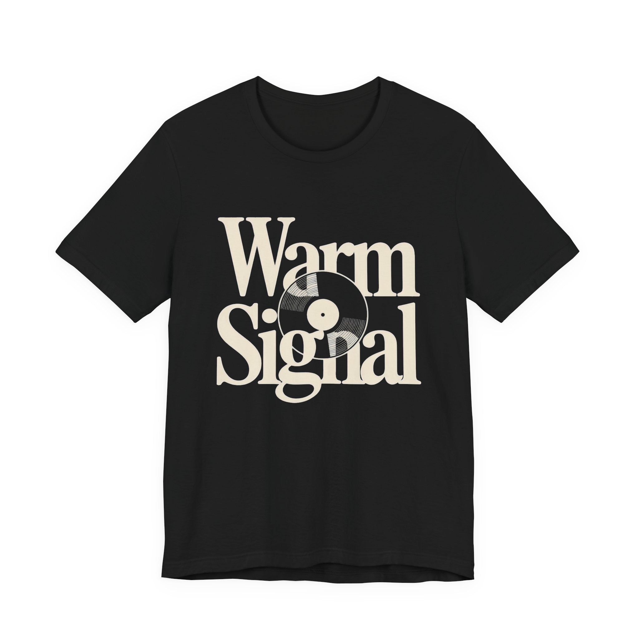 Black t-shirt with 'Warm Signal' text and vinyl record graphic on a white background