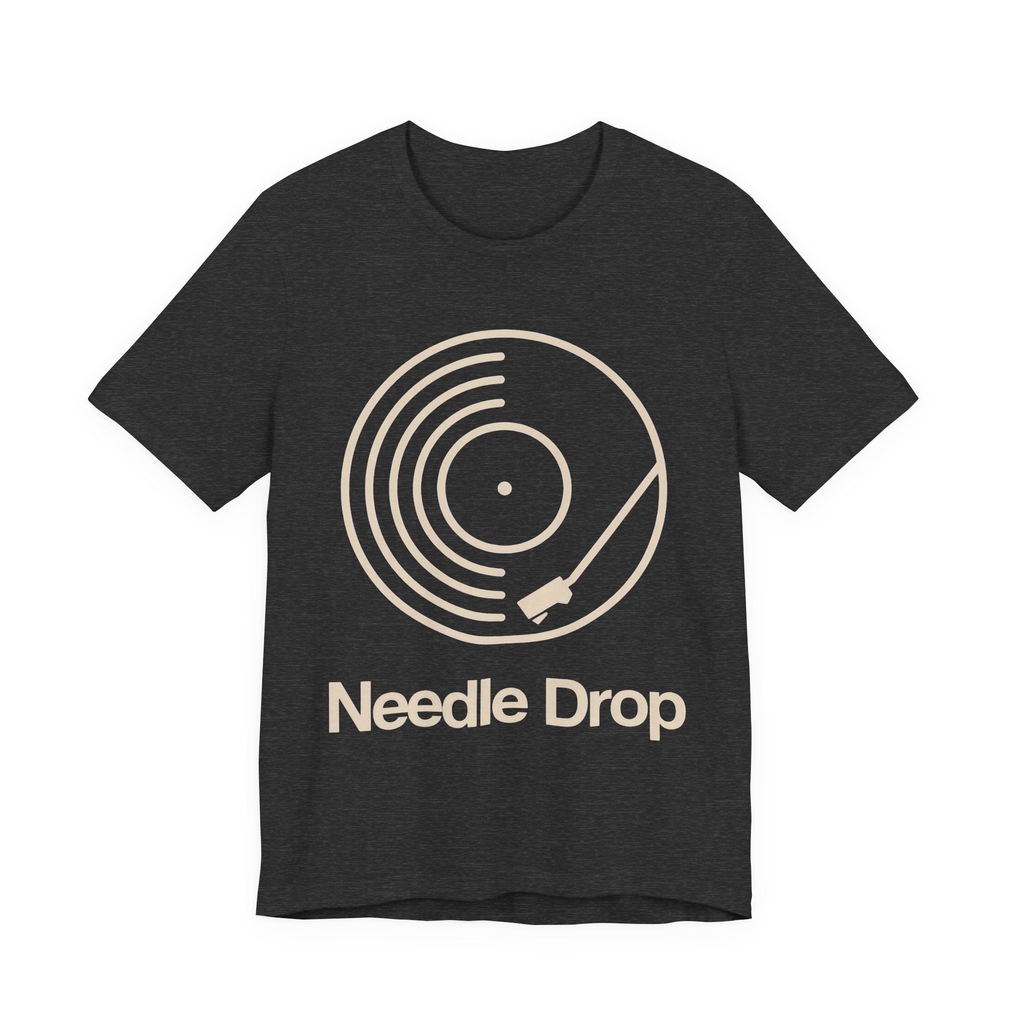 Dark gray t-shirt with 'Needle Drop' graphic design on a white background