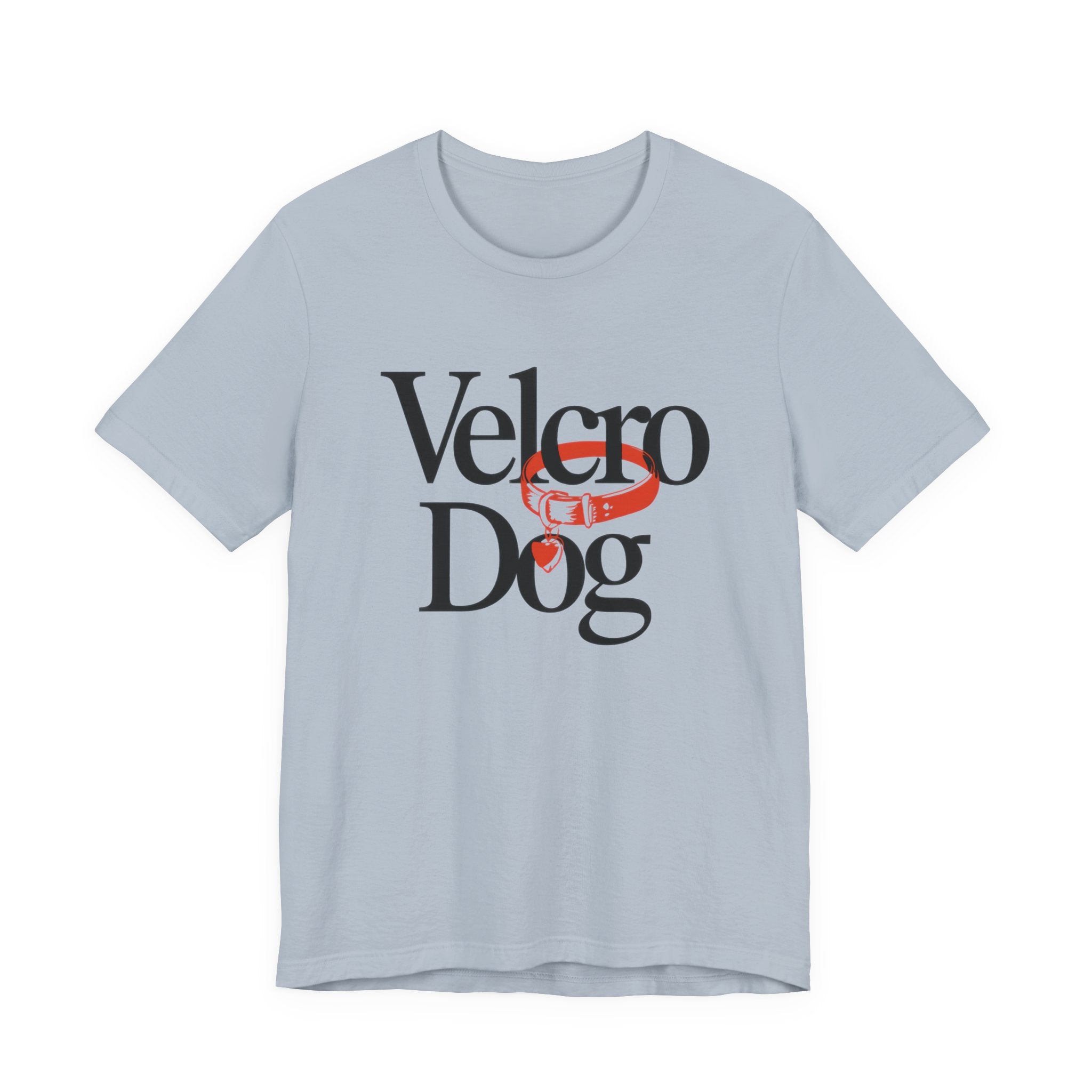 Light blue t-shirt with 'Velcro Dog' text and logo on a white background