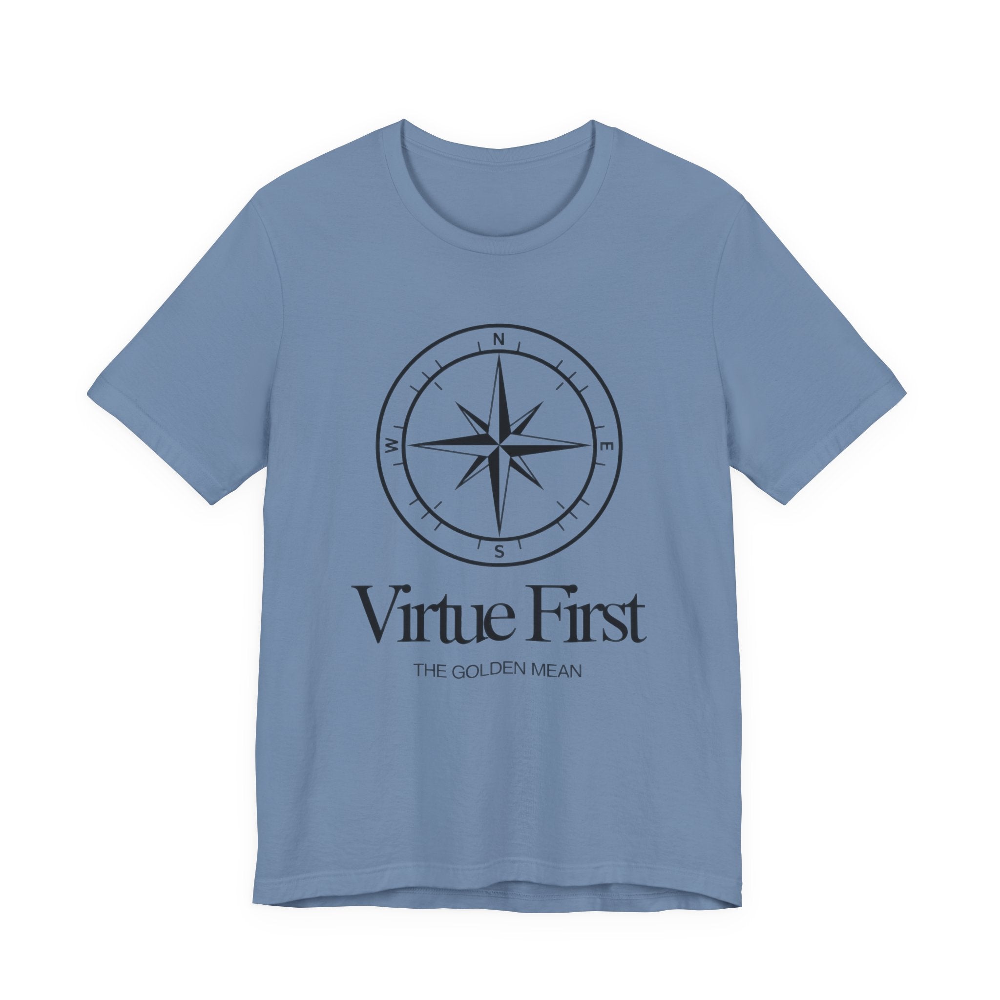 Blue t-shirt with compass design and 'Virtue First' text on a white background