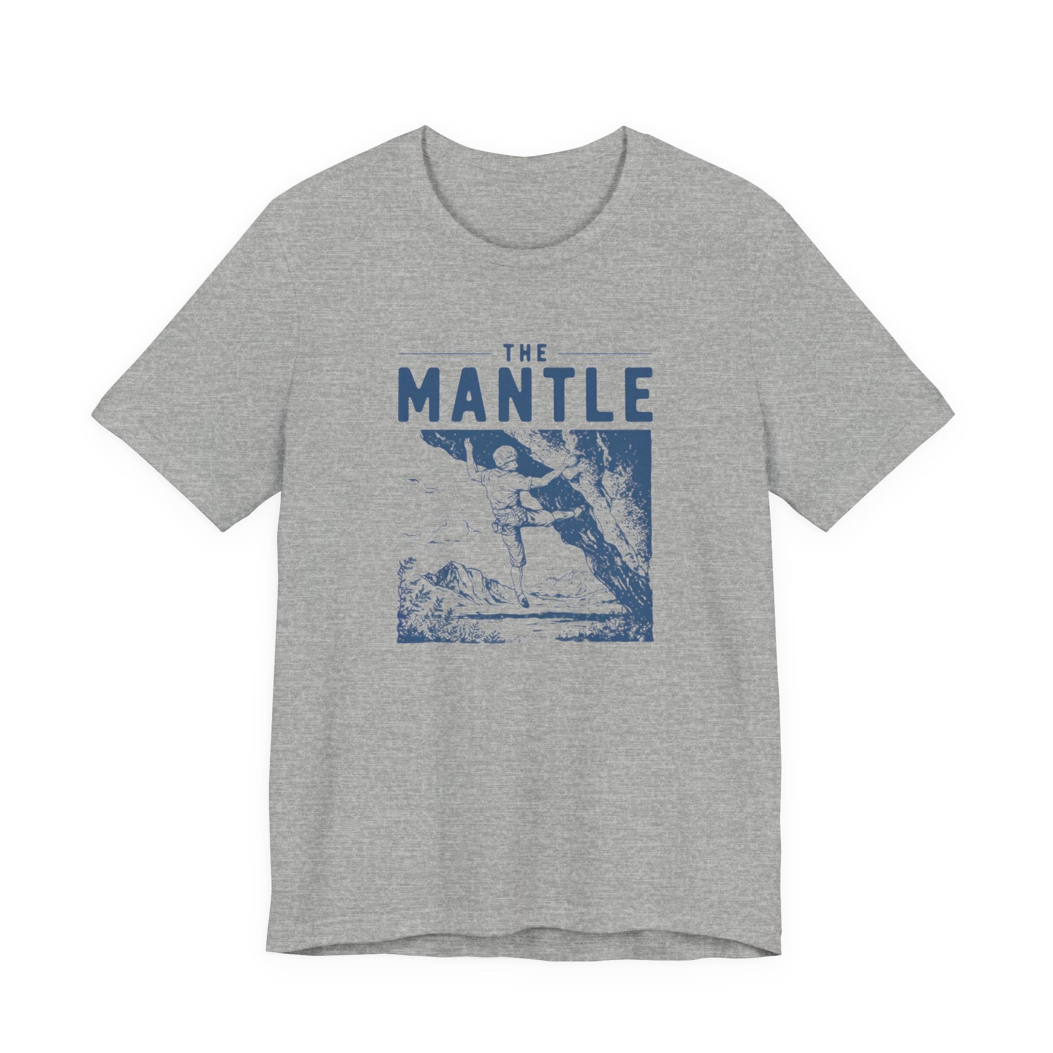 Gray t-shirt with blue graphic and 'The Mantle' text on a white background