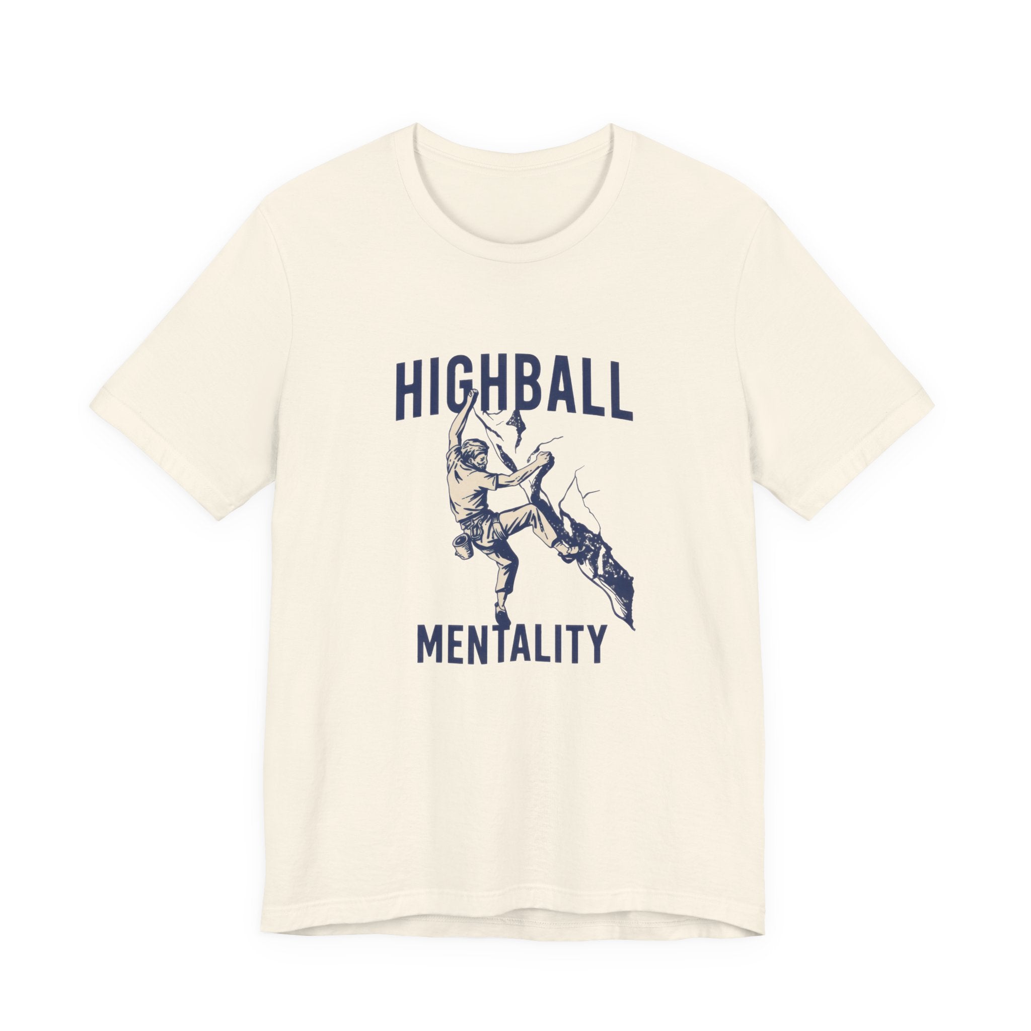 Beige t-shirt with 'Highball Mentality' graphic design on a white background