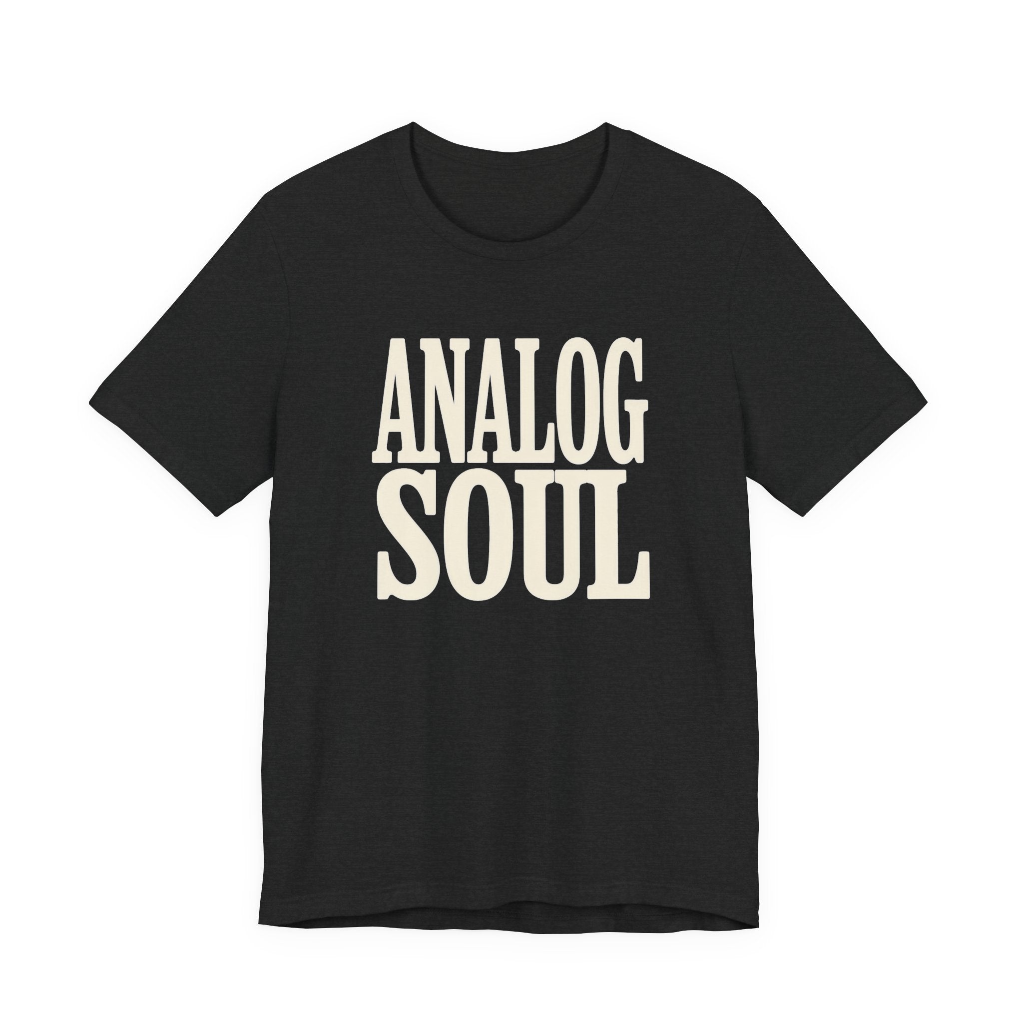 Black t-shirt with 'ANALOG SOUL' text on a white background