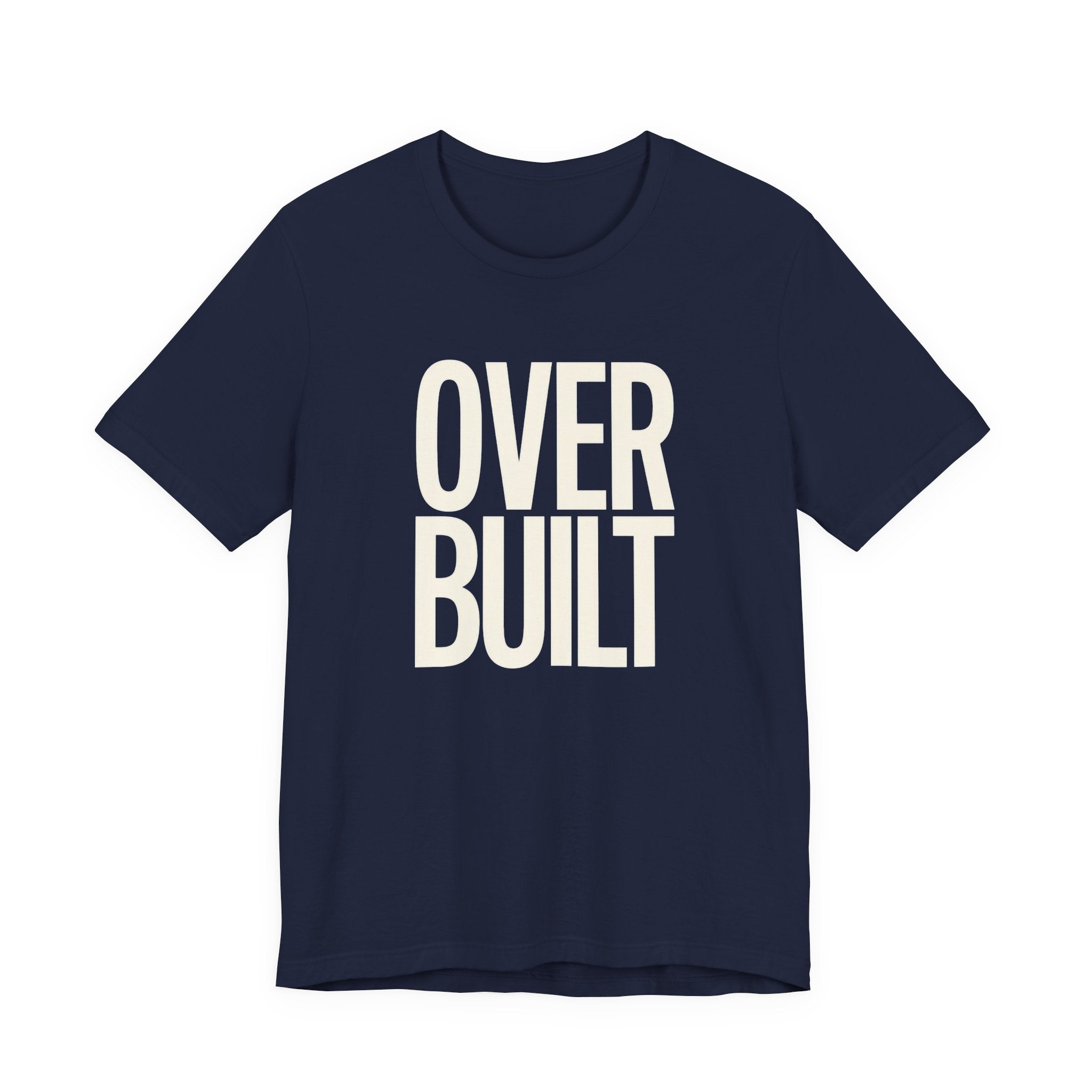 Navy t-shirt with'OVER BUILT' text on a white background