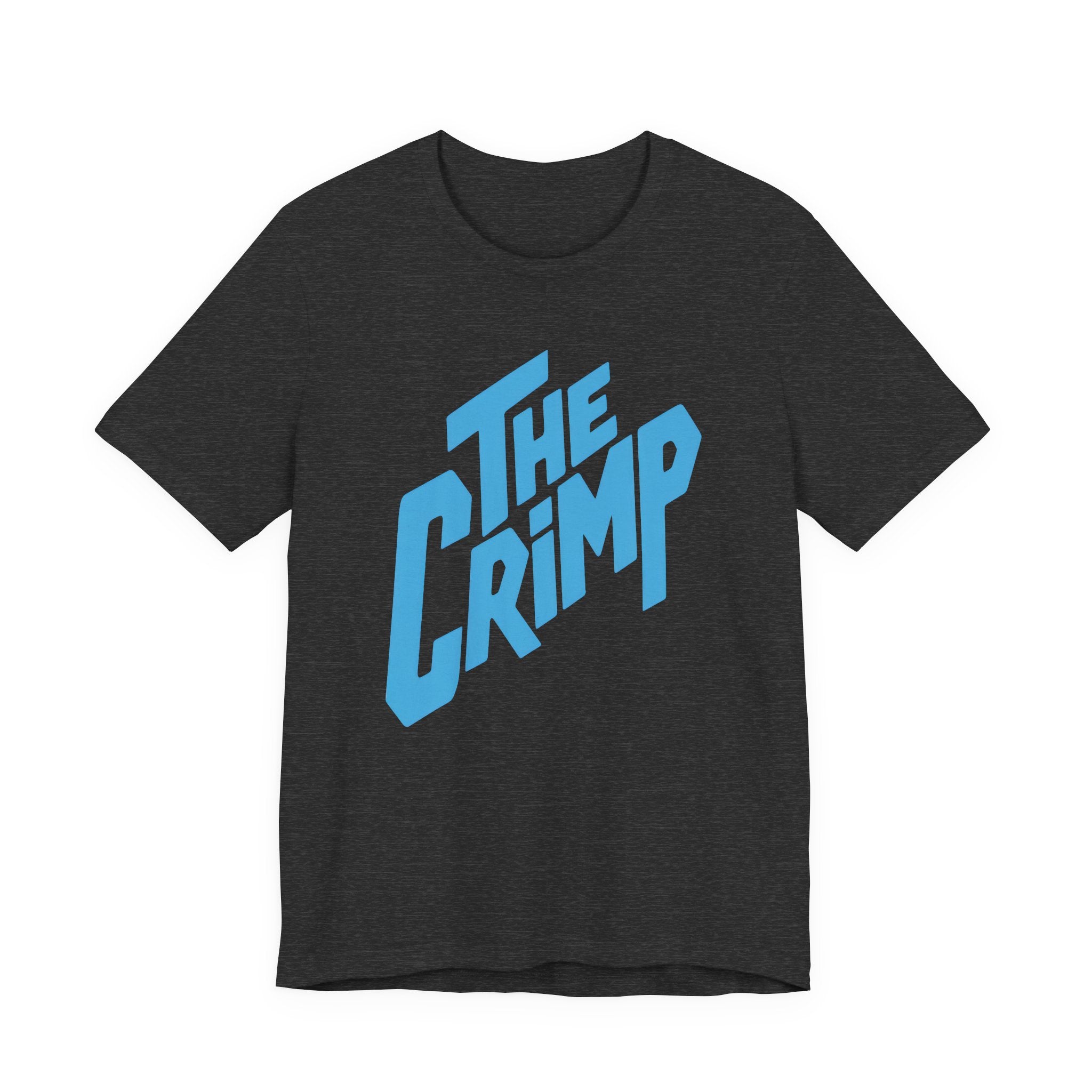 Dark gray t-shirt with blue 'The Crimp' text on a white background
