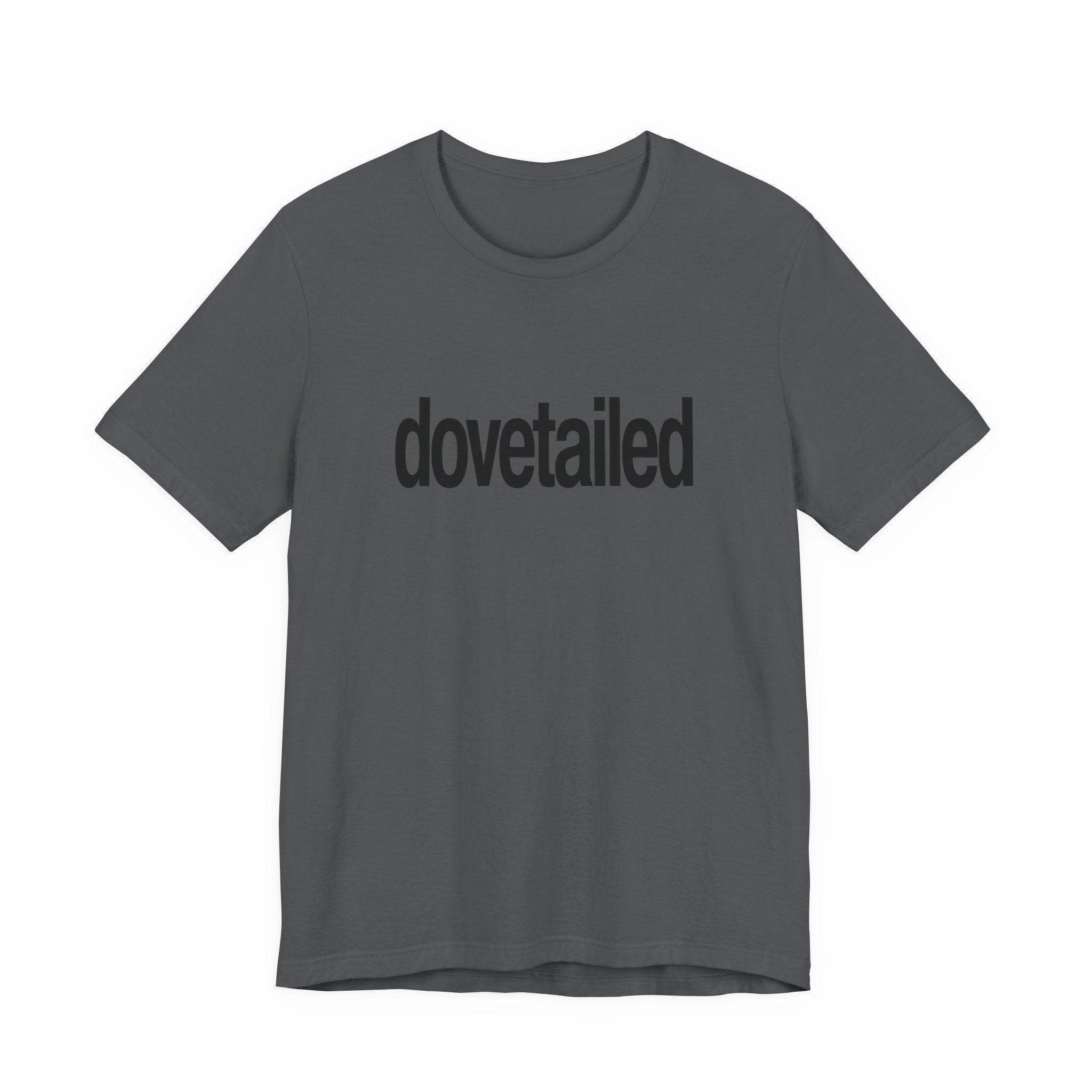Gray t-shirt with 'dovetailed' text on a white background