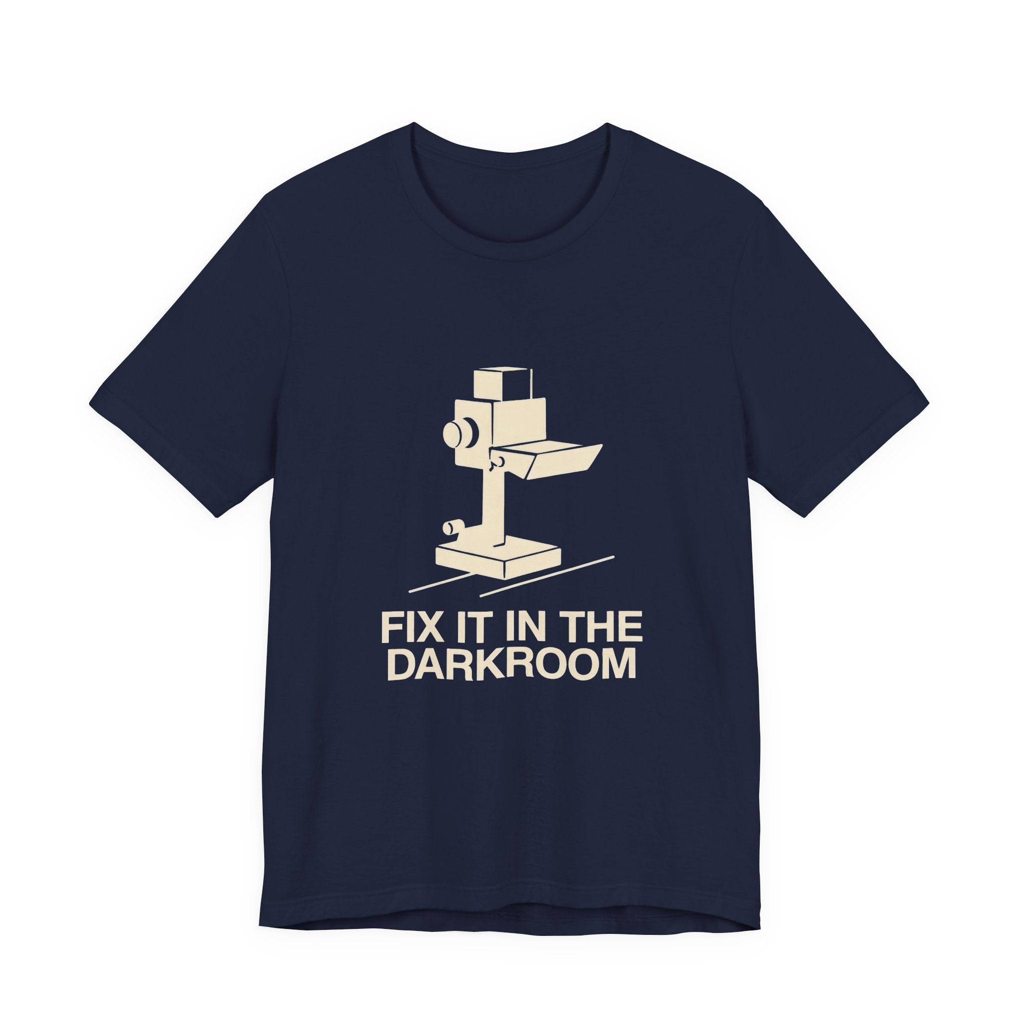 Navy t-shirt with a graphic of a darkroom camera and text 'Fix It In The Darkroom' on a white background