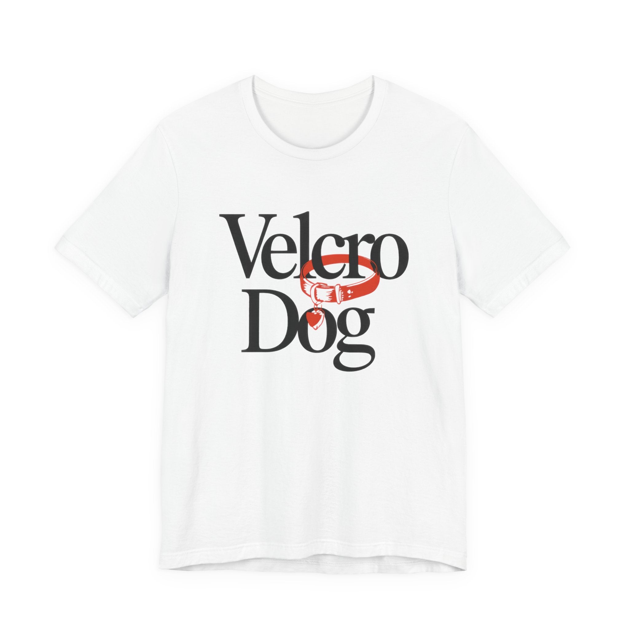 White t-shirt with 'Velcro Dog' text and logo on a white background