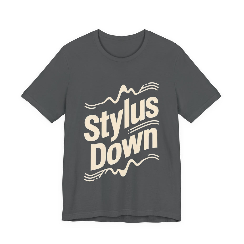Gray t-shirt with text 'Stylus Down' and graphic design on a white background