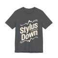 Gray t-shirt with text 'Stylus Down' and graphic design on a white background