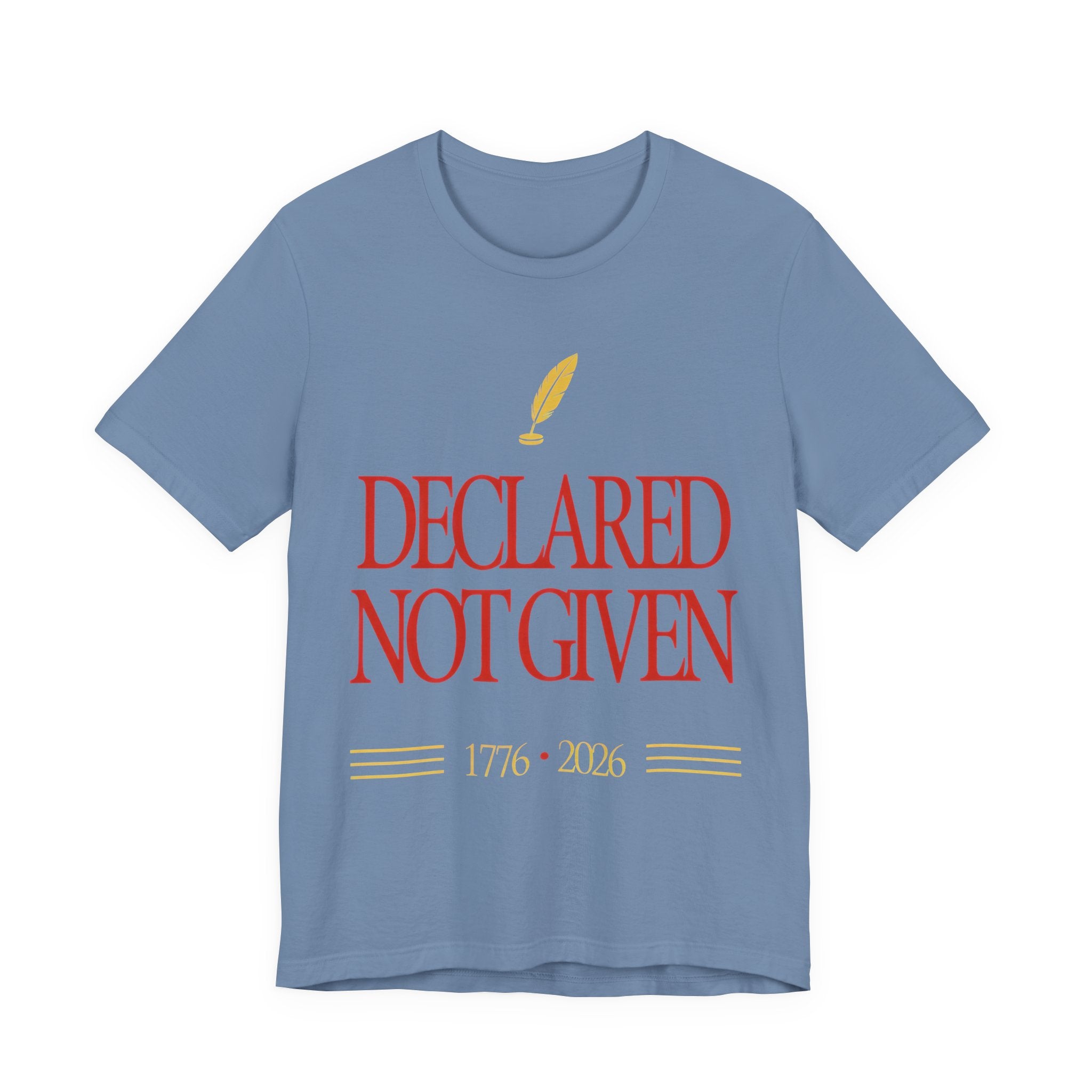 Blue t-shirt with 'Declared Not Given' text and a feather graphic on a white background