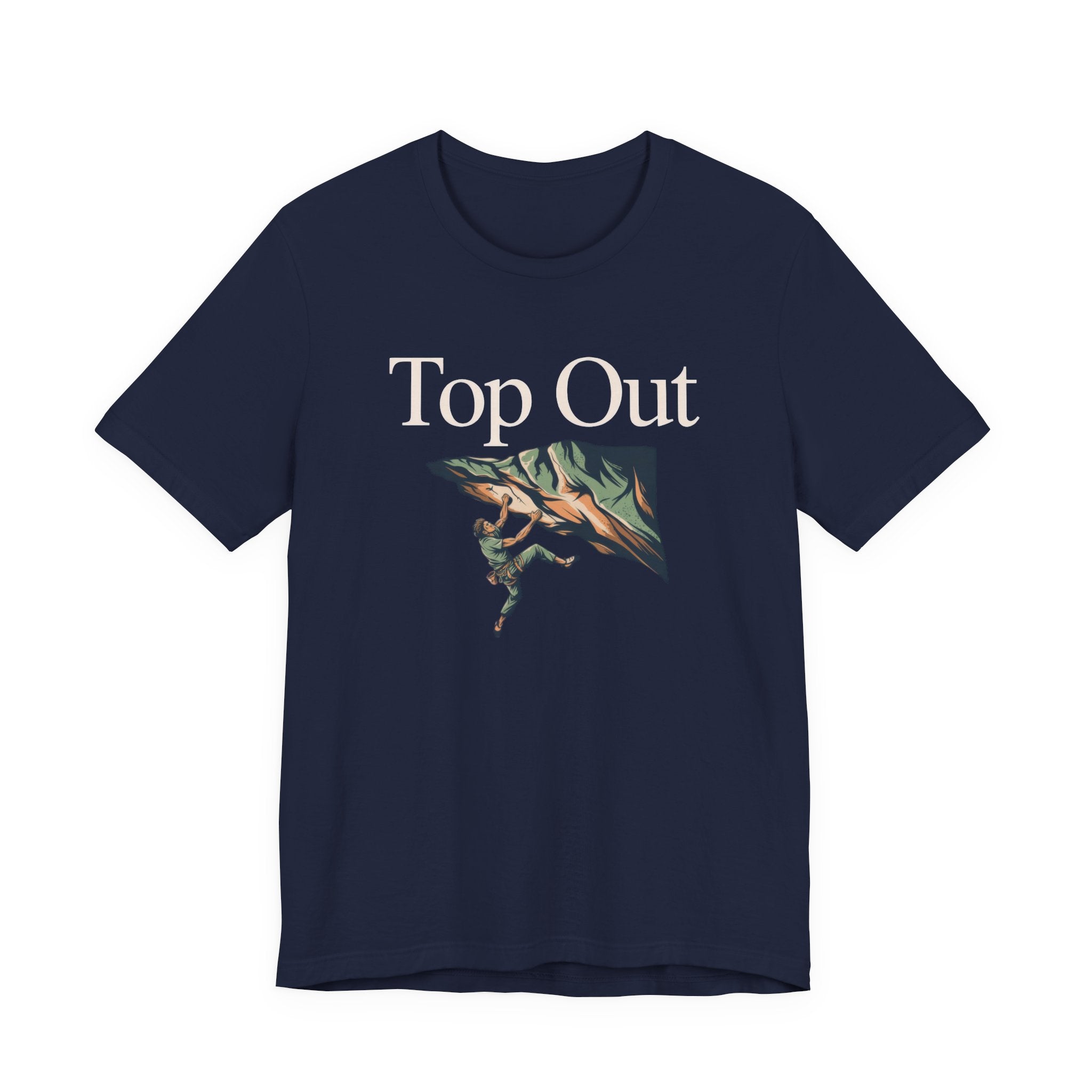 Navy t-shirt with 'Top Out' text and climbing graphic on a white background