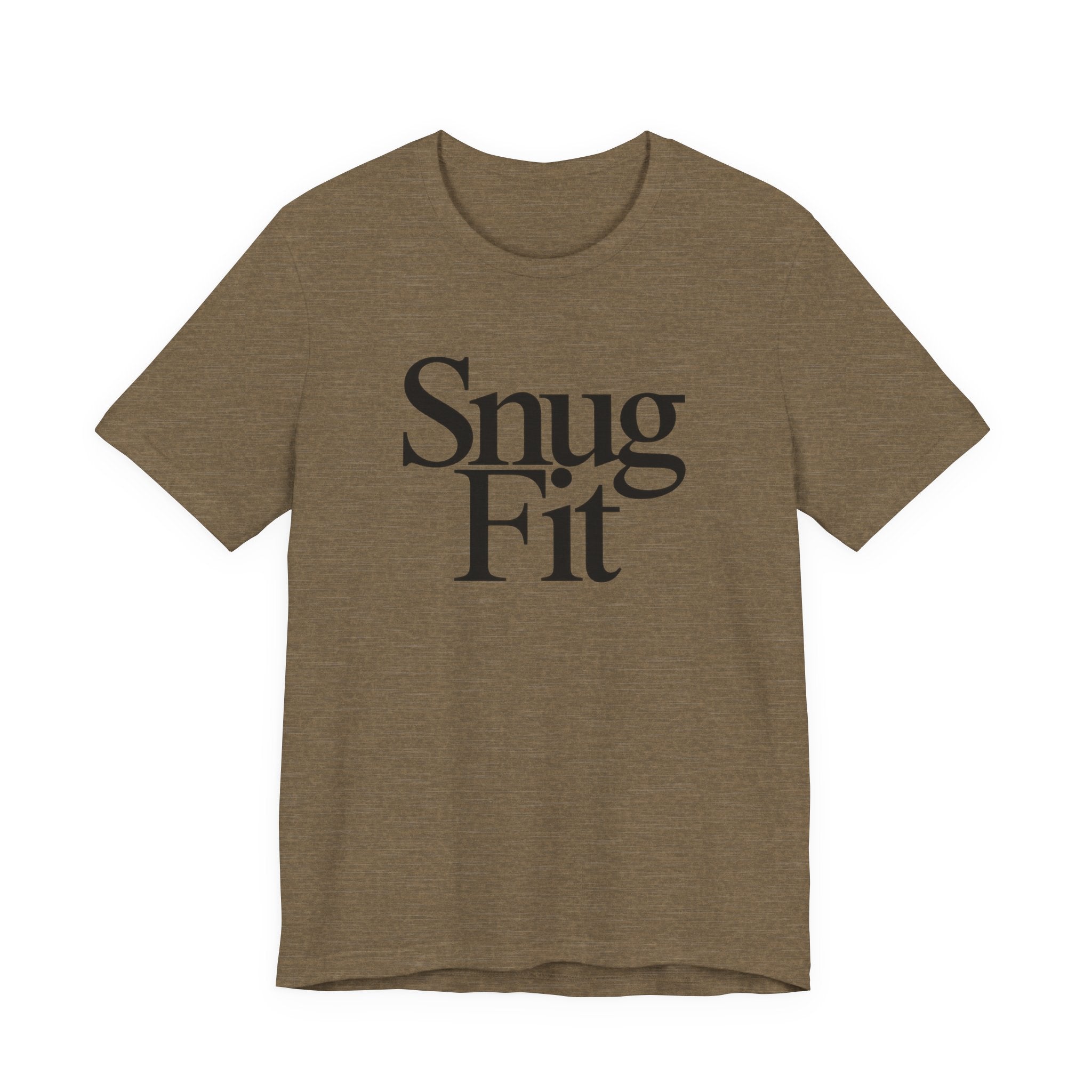Brown t-shirt with 'Snug Fit' text on a white background