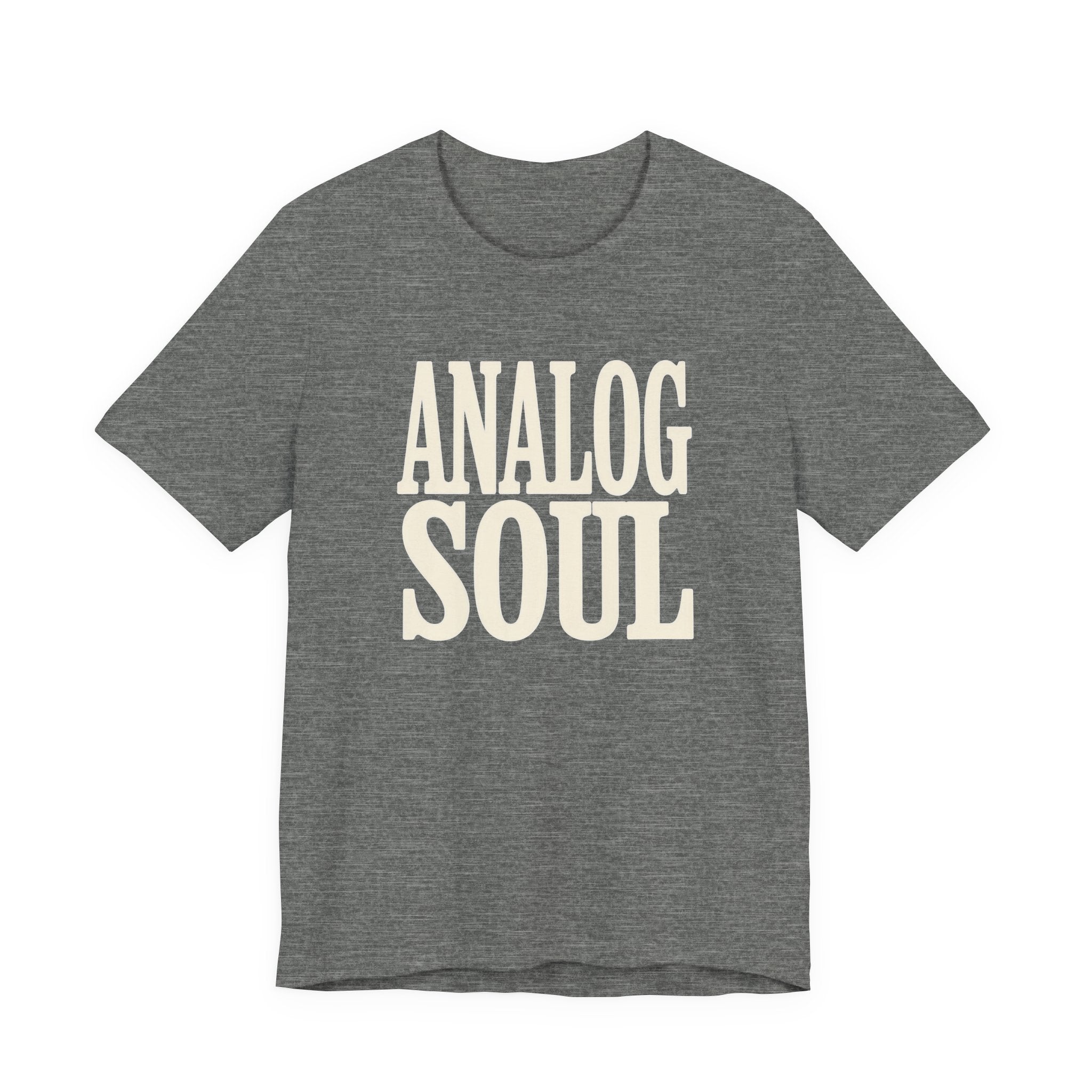 Gray t-shirt with 'Analog Soul' text on a white background