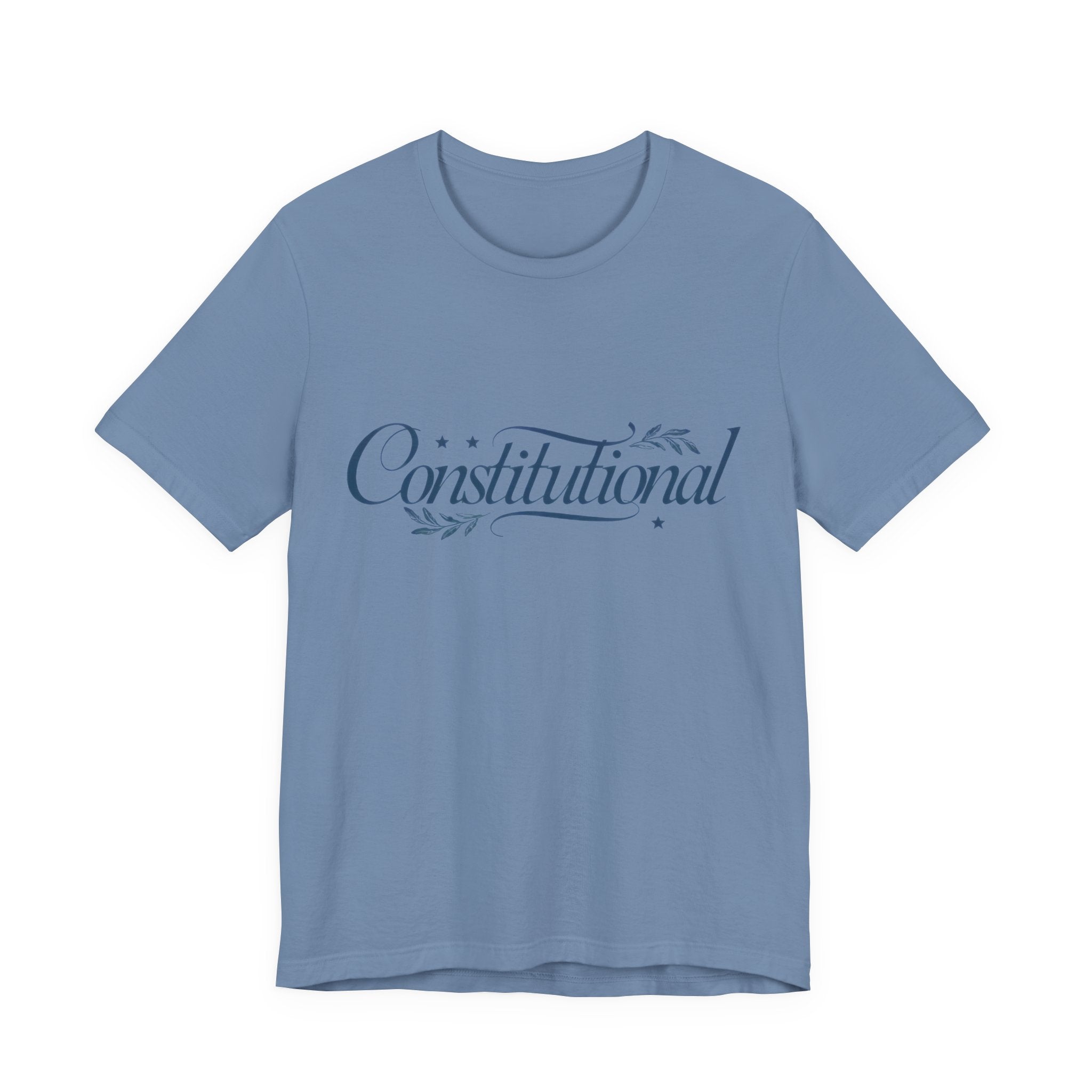Blue t-shirt with 'Constitutional' text on a white background