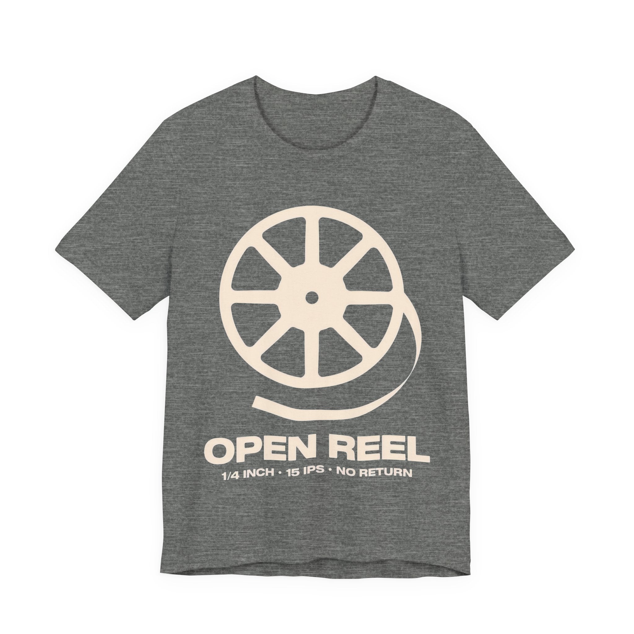 Gray t-shirt with a audio reel design and text on a white background