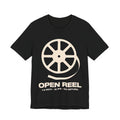 Black t-shirt with a white reel-to-reel tape graphic and text on a white background