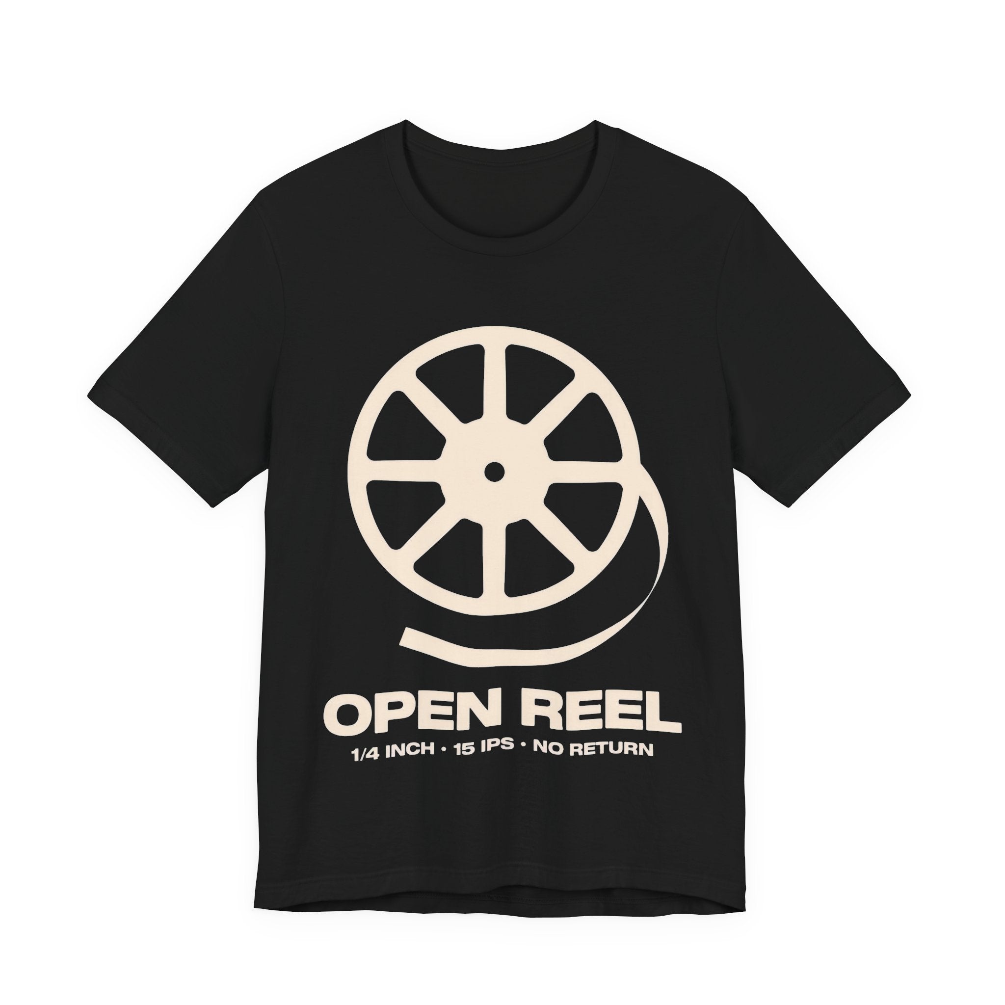 Black t-shirt with a white reel-to-reel tape graphic and text on a white background
