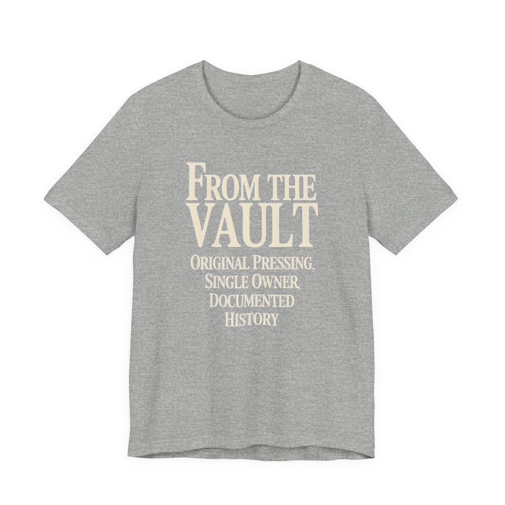 Gray t-shirt with beige text 'From the Vault' on a white background