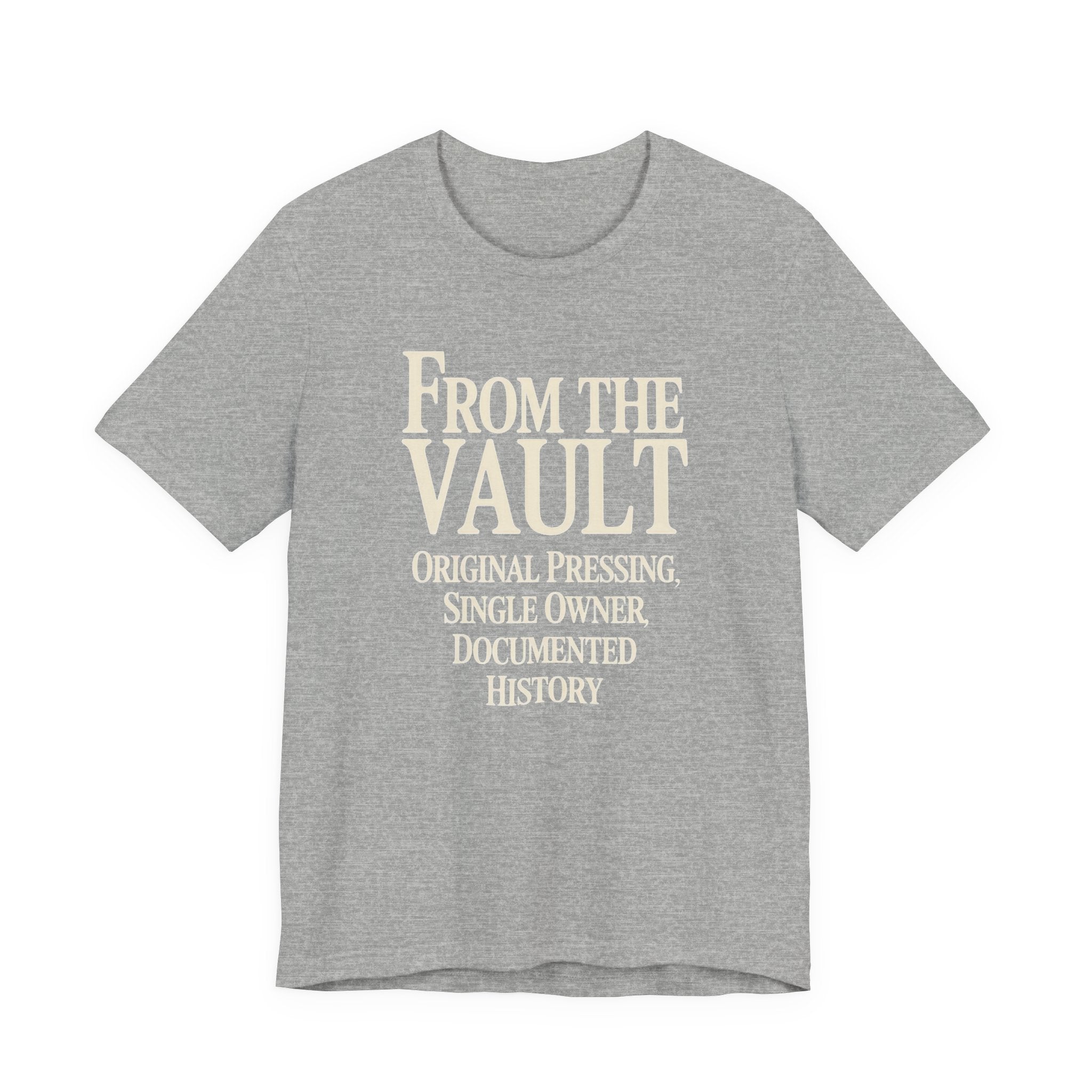 Gray t-shirt with beige text 'From the Vault' on a white background