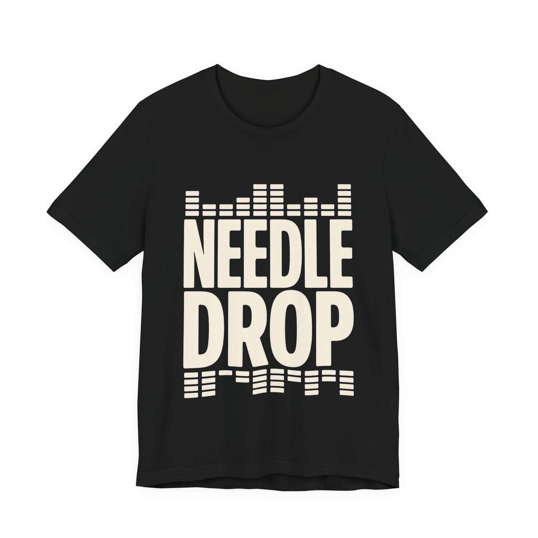 Black t-shirt with 'Needle Drop' text design on a white background
