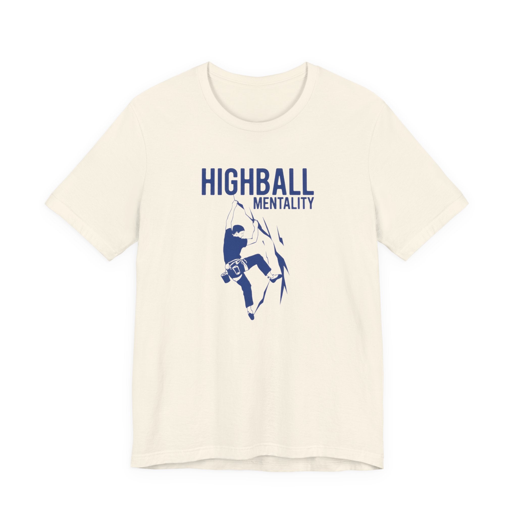 Beige t-shirt with blue graphic of a person climbing and 'Highball Mentality' text on a white background.