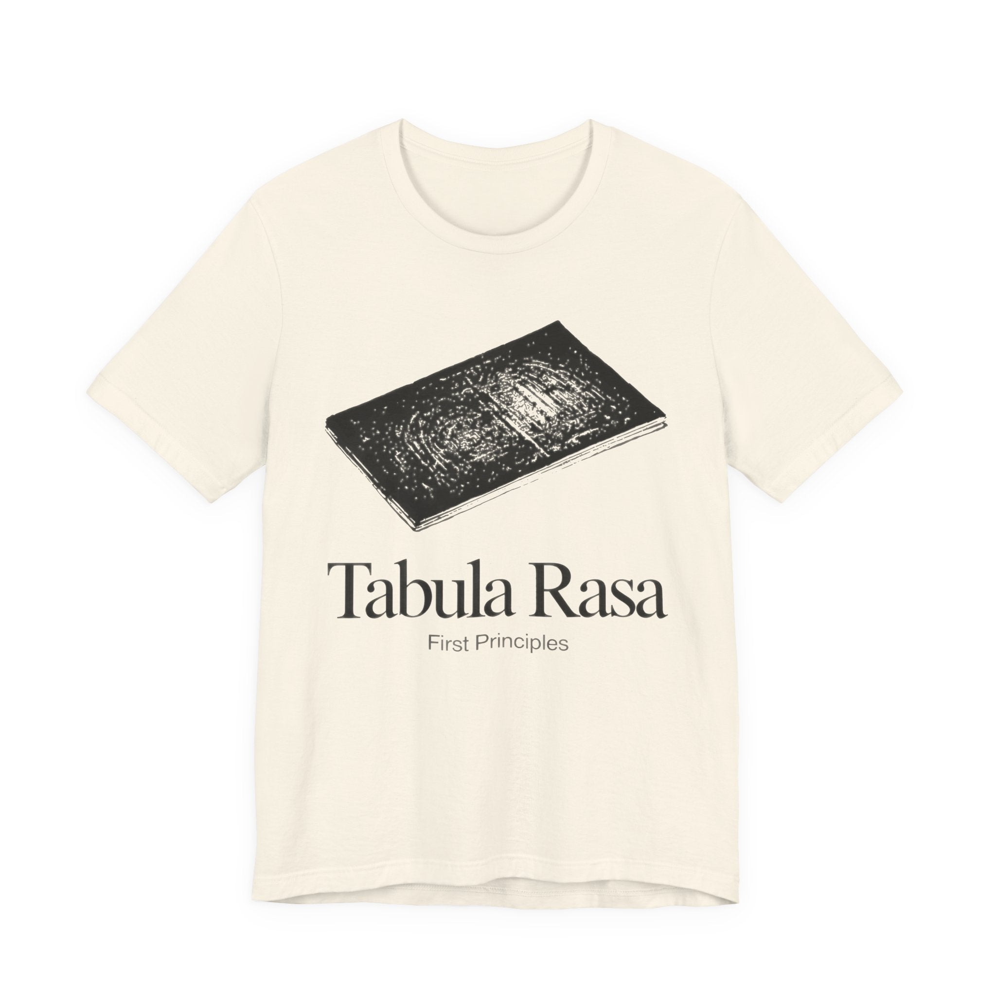 Beige t-shirt with a graphic design and text 'Tabula Rasa First Principles' on a white background