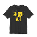 Black t-shirt with 'SECOND ACT' in yellow on a white background