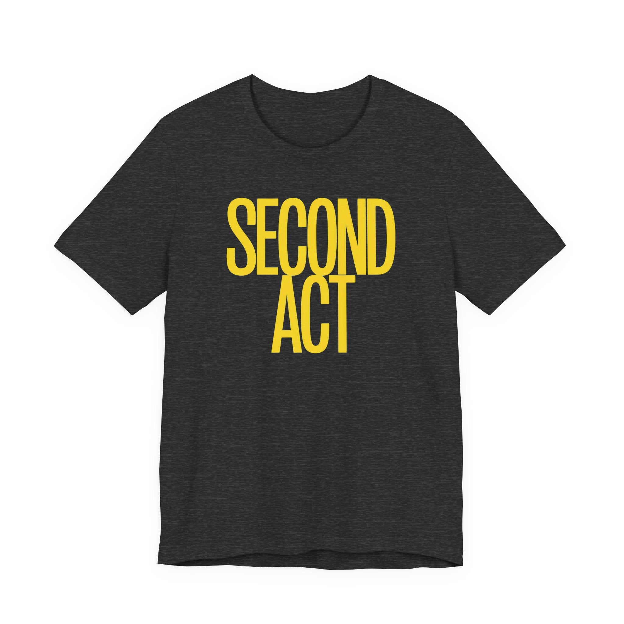 Black t-shirt with 'SECOND ACT' in yellow on a white background