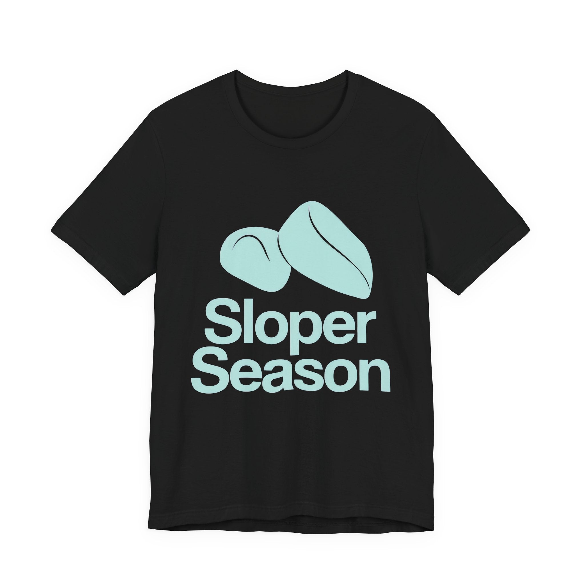 Black t-shirt with 'Sloper Season' text and graphic on a white background