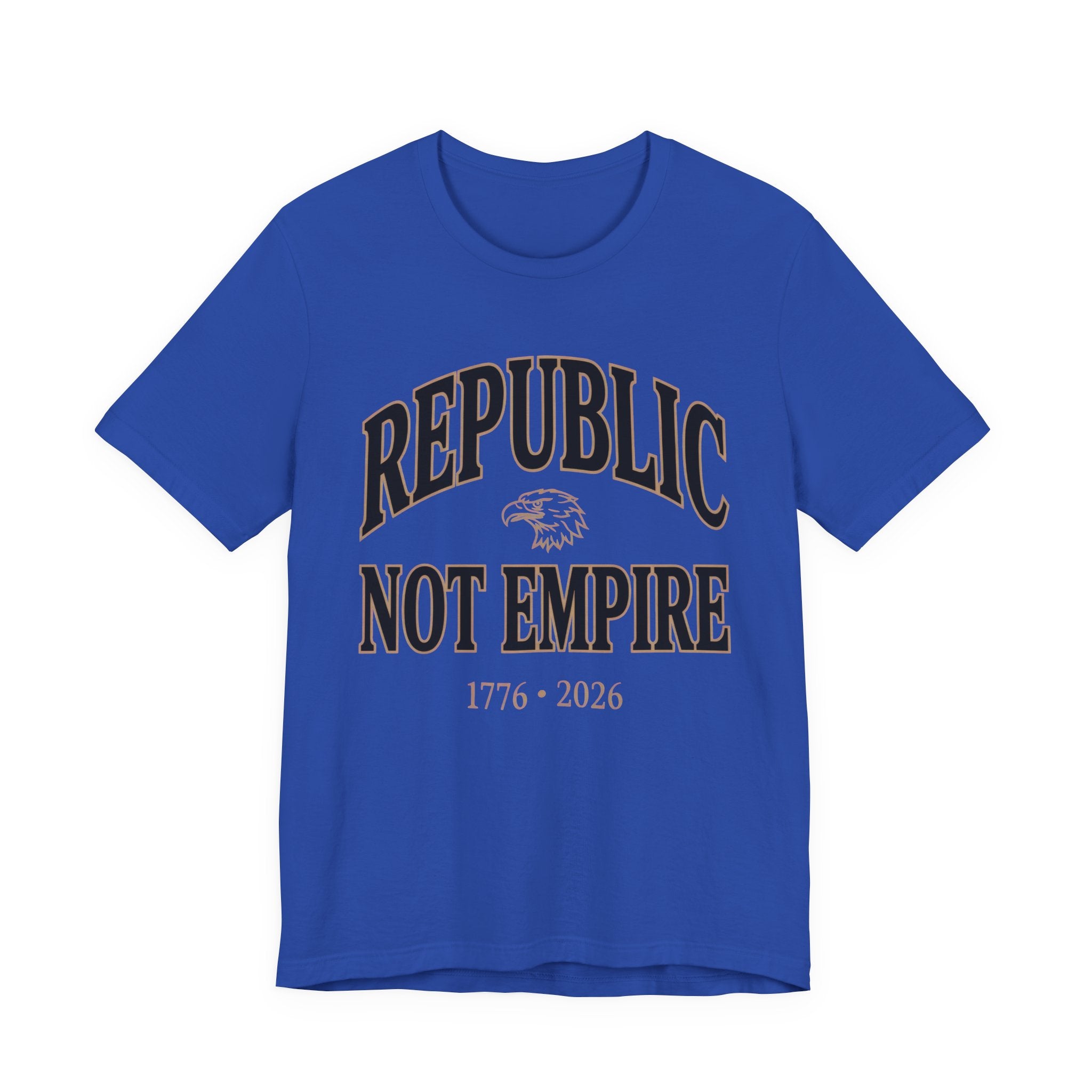 Blue t-shirt with 'Republic Not Empire' text and eagle design on a white background