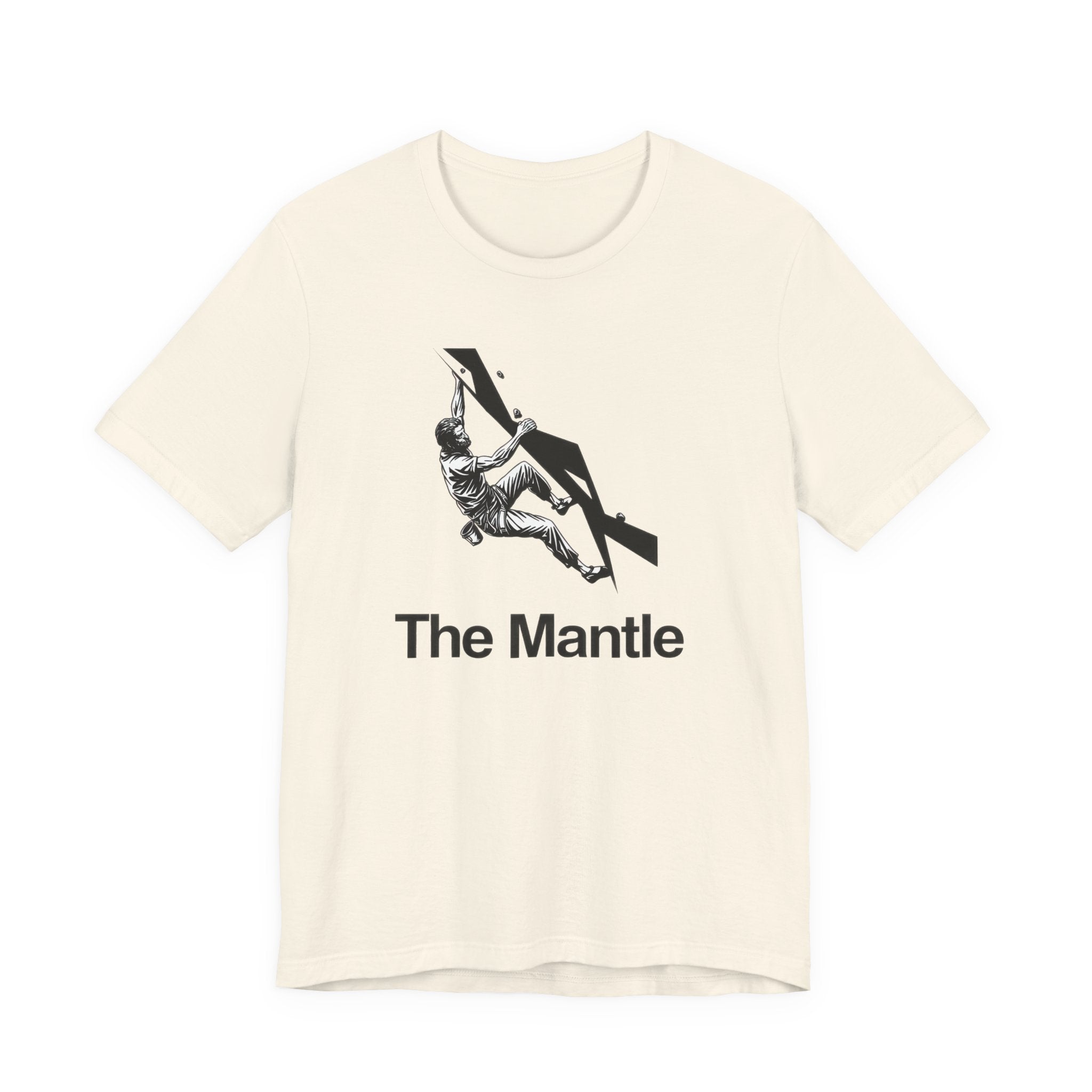 Beige t-shirt with 'The Mantle' graphic design on a white background