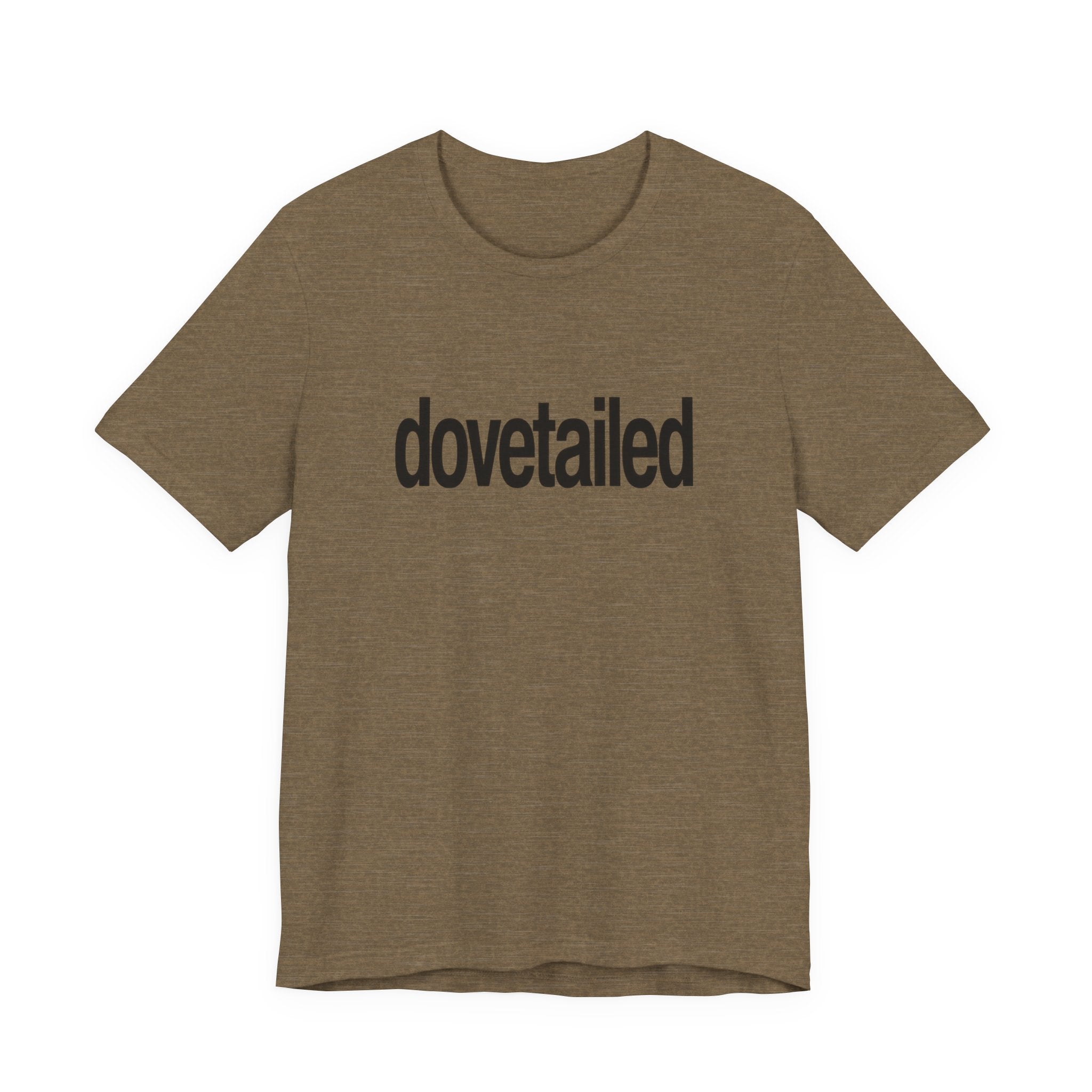 Brown t-shirt with 'dovetailed' text on a white background