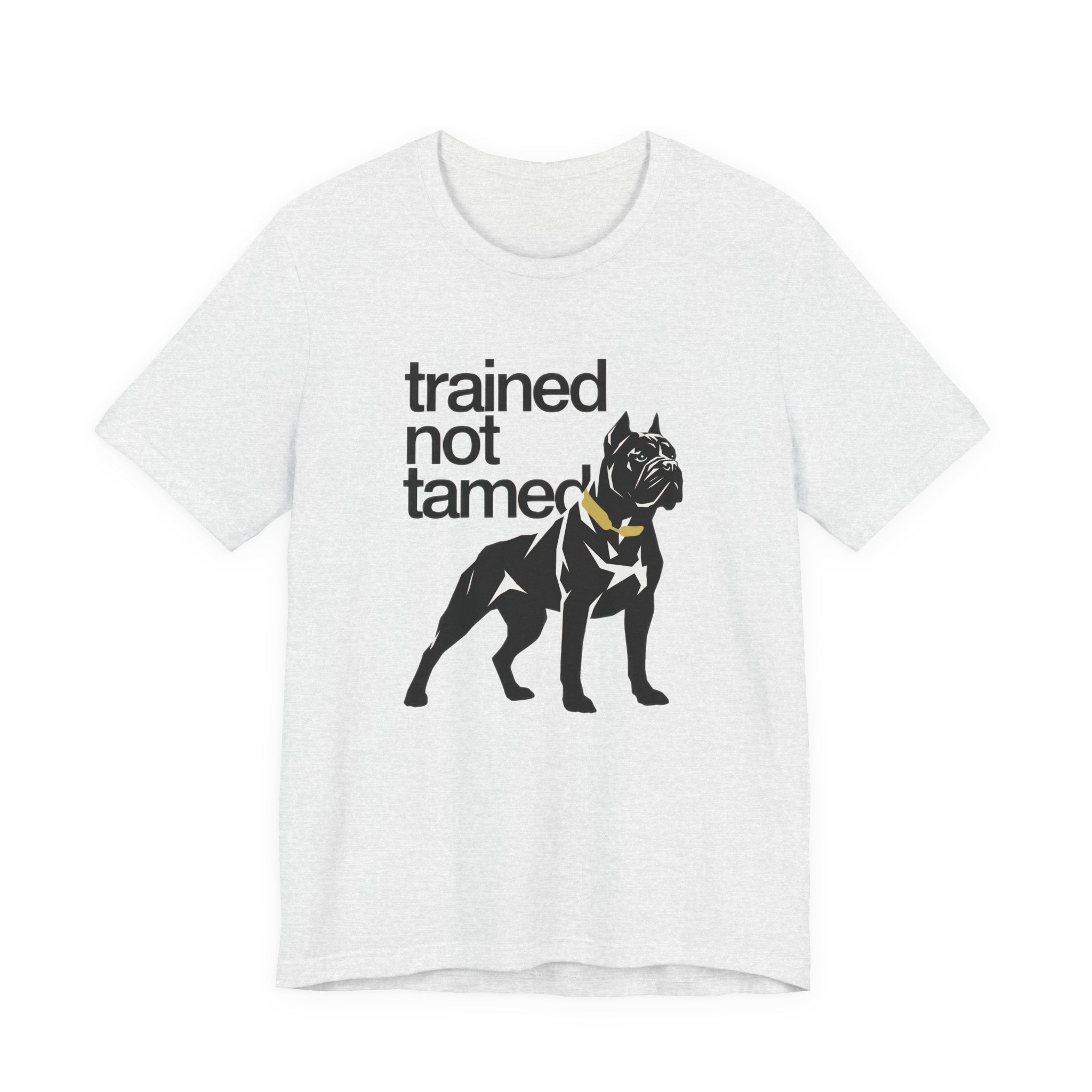 Ash t-shirt with black dog graphic and text 'trained not tamed' on a white background