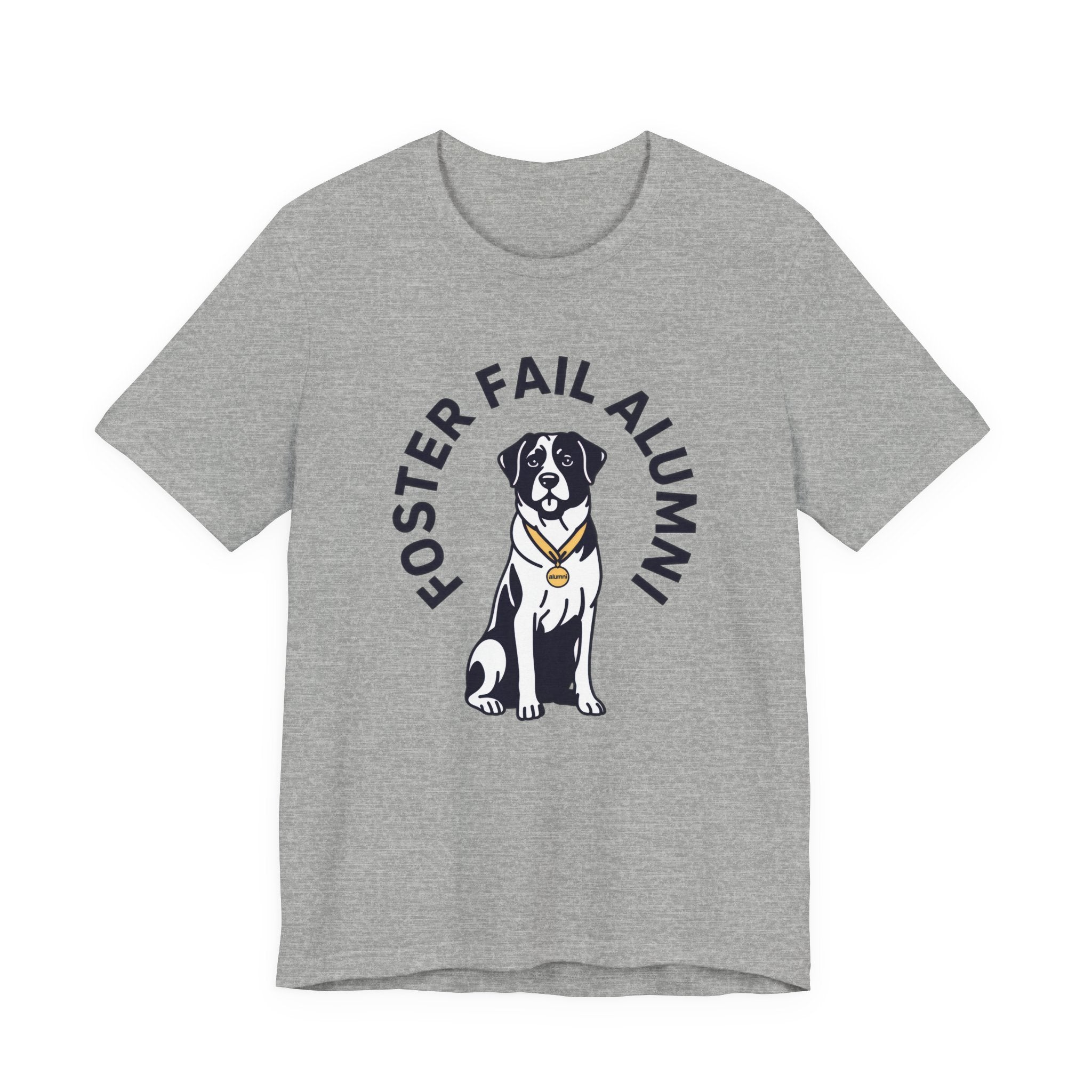 Gray t-shirt with a dog graphic and text 'Foster Fail Alumni' on a white background
