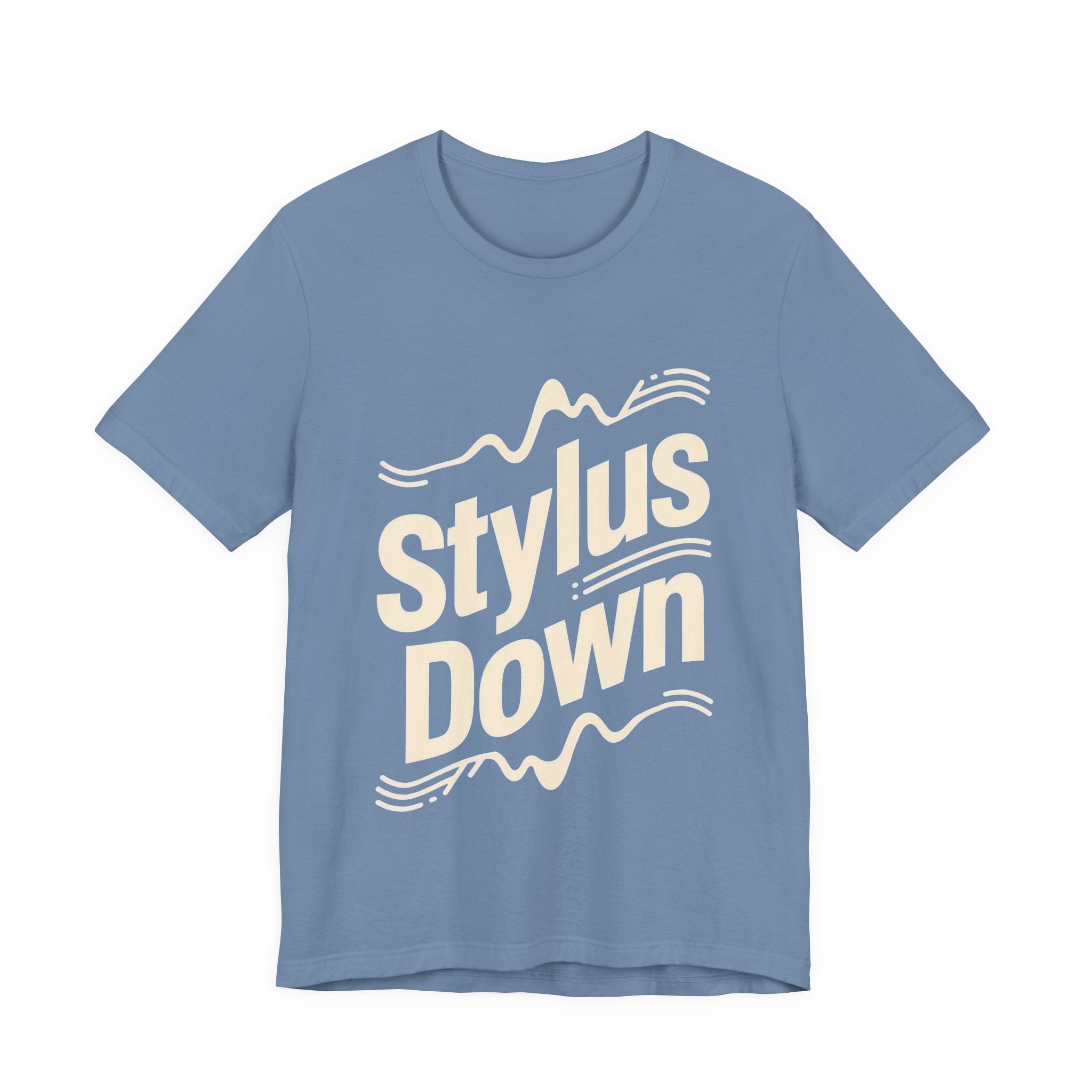 Blue t-shirt with 'Stylus Down' text on a white background