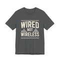 Gray t-shirt with 'WIRED NOT WIRELESS' text on a white background
