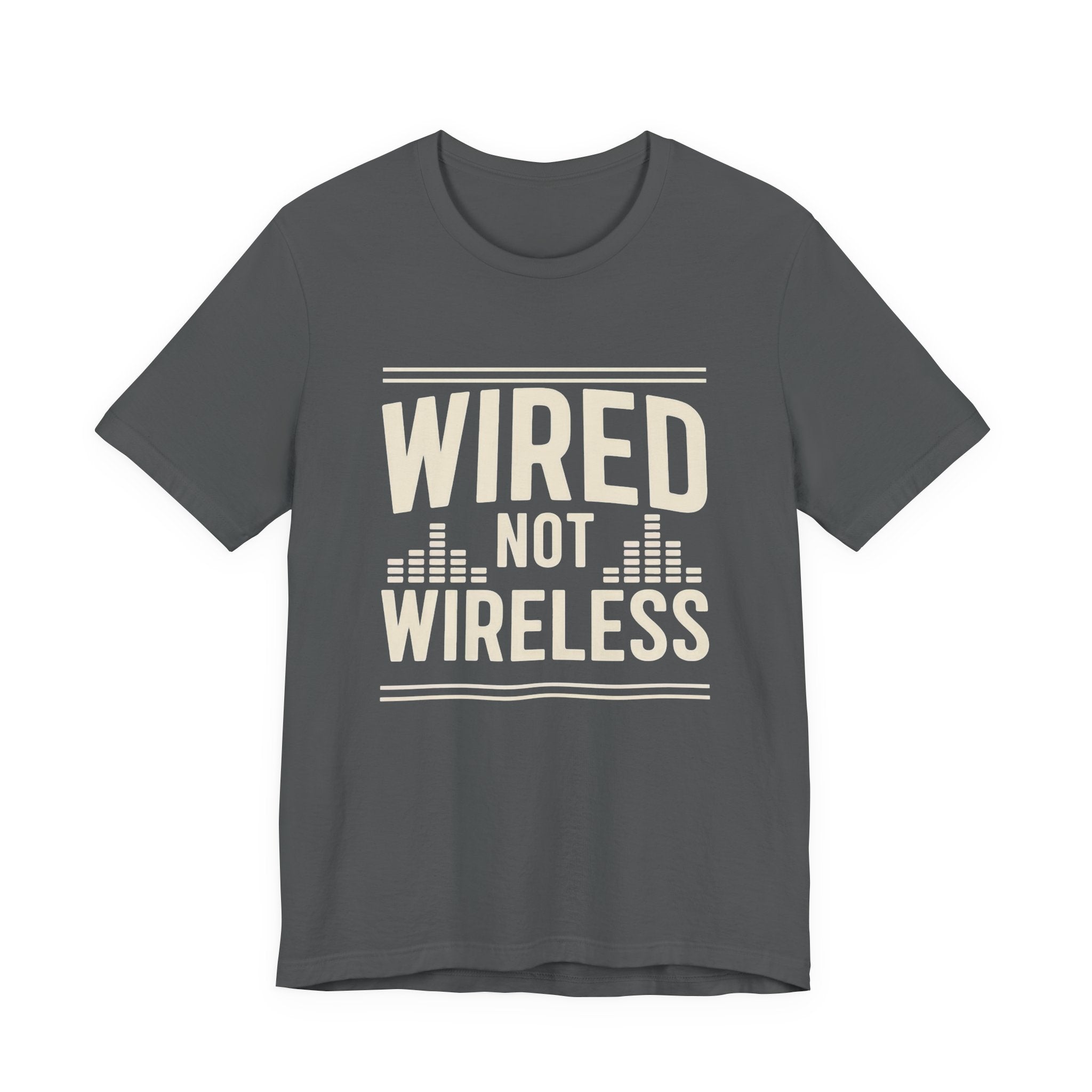 Gray t-shirt with 'WIRED NOT WIRELESS' text on a white background