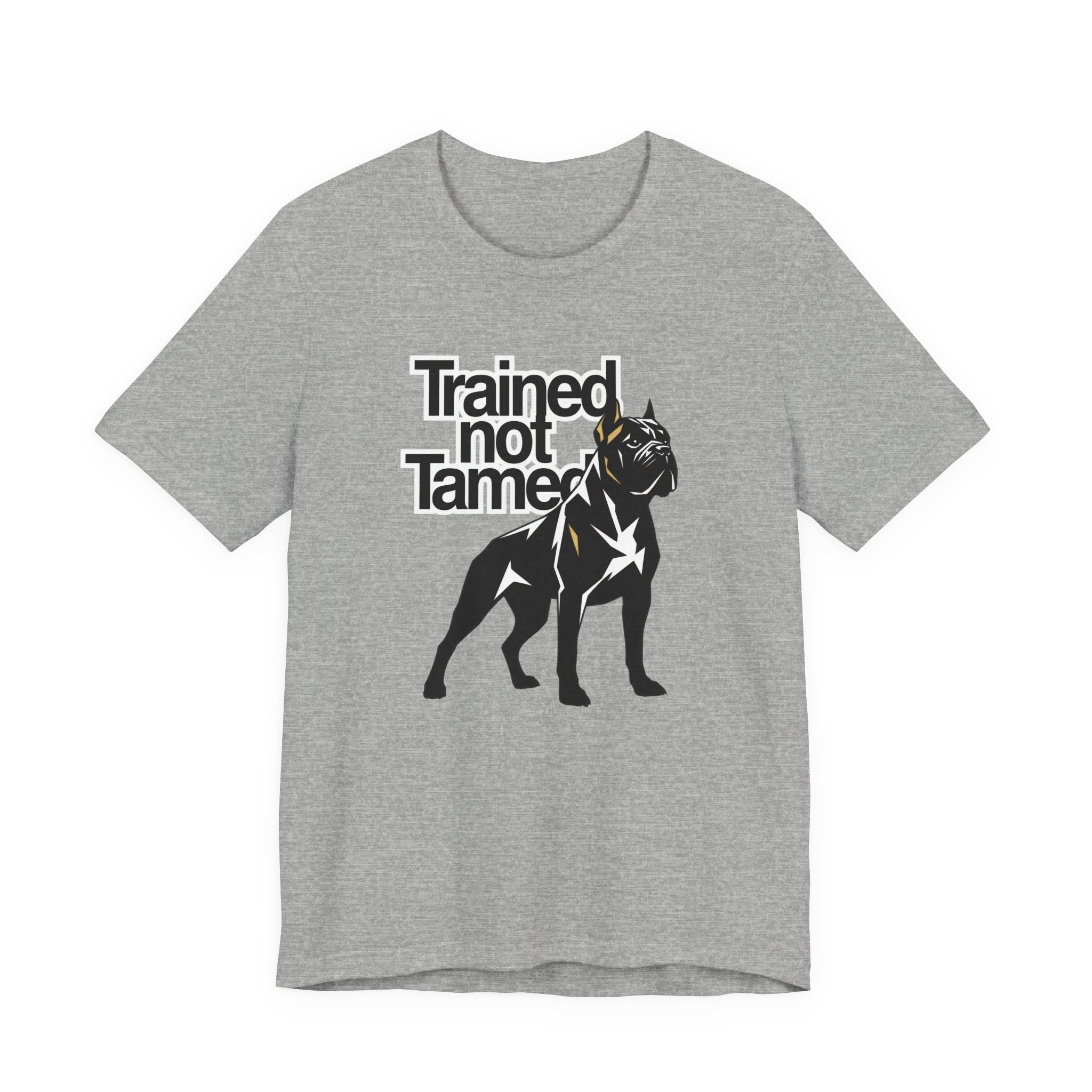 Gray t-shirt with a black dog graphic and 'Trained Not Tamed' text on a white background
