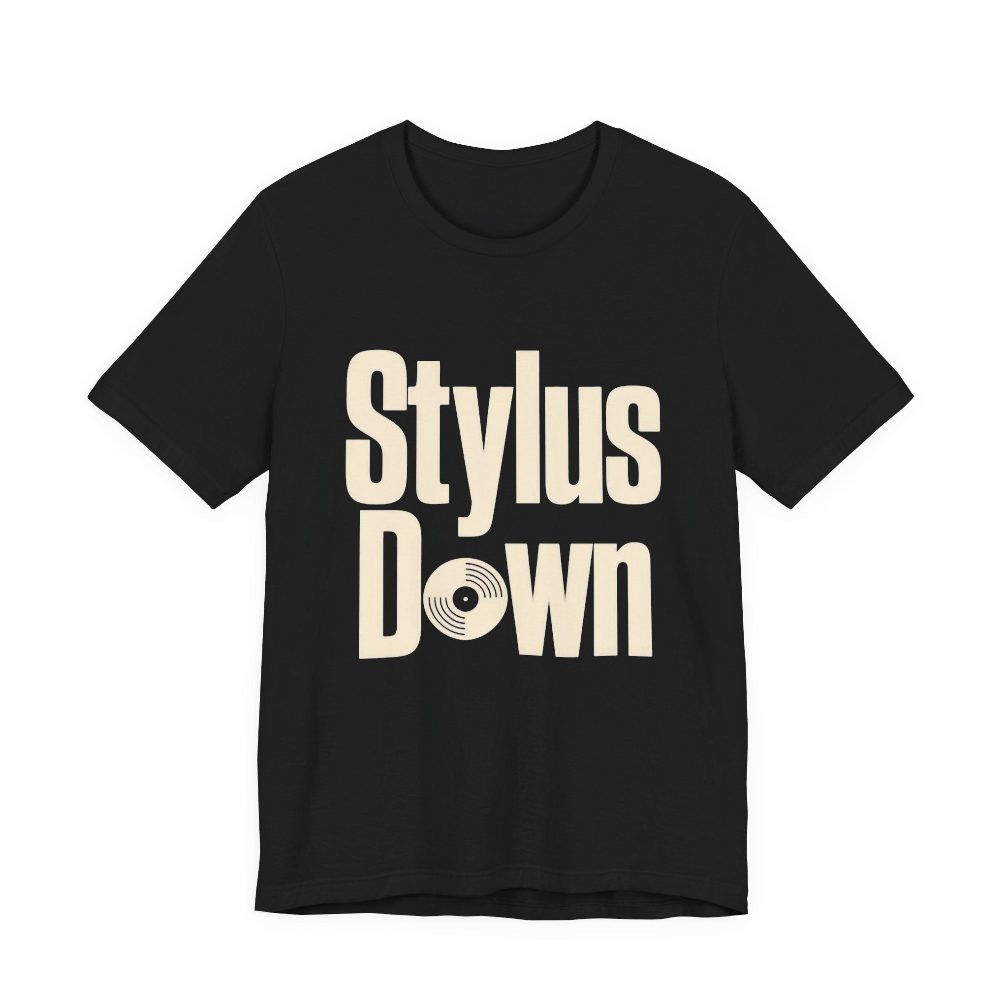 Black t-shirt with 'Stylus Down' text on a white background