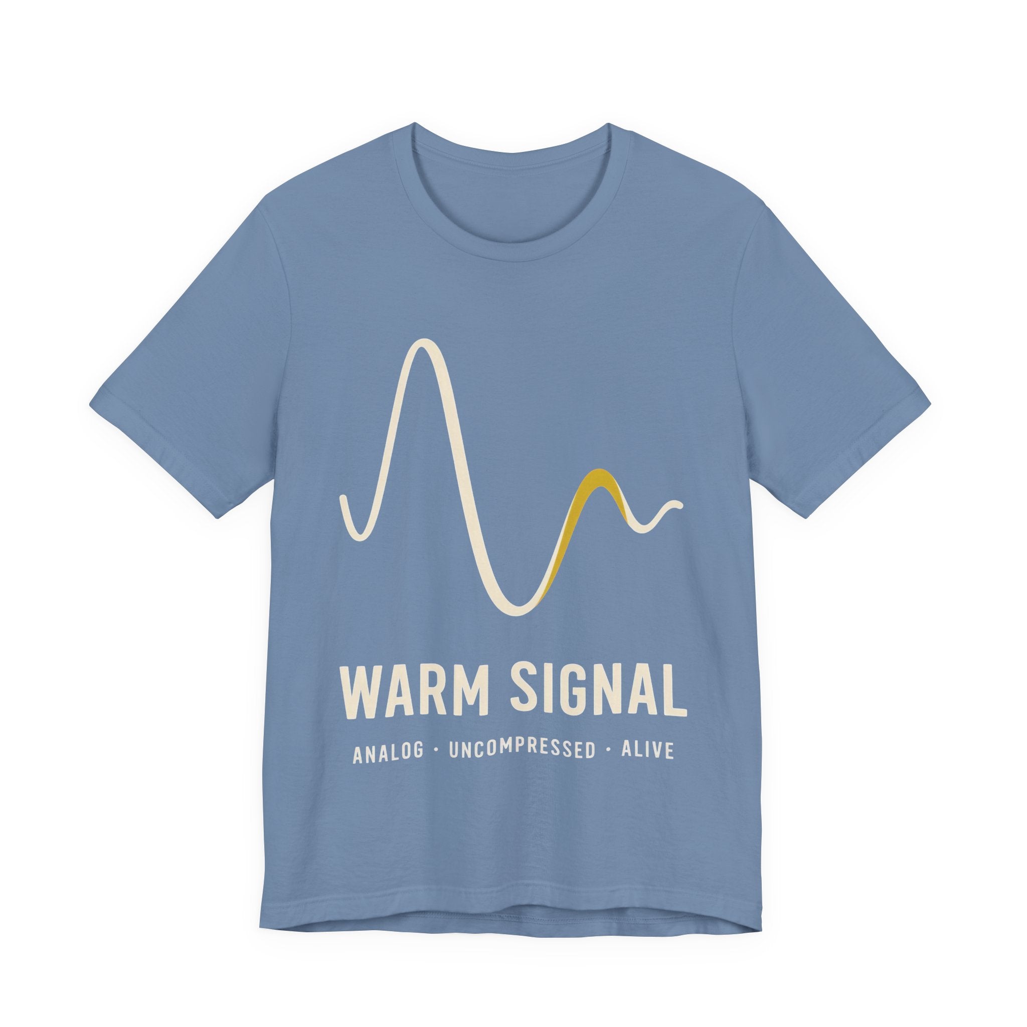 Blue shirt with 'Warm Signal' graphic design featuring waveforms 