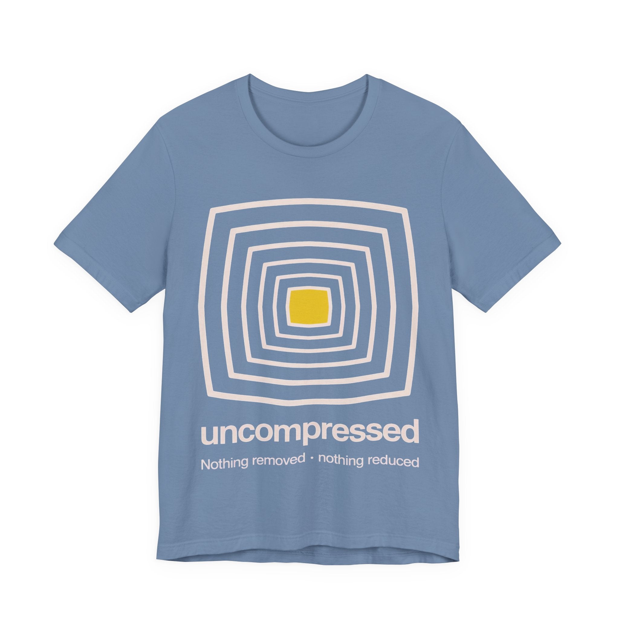 Blue t-shirt with a geometric design and 'uncompressed' text on a white background
