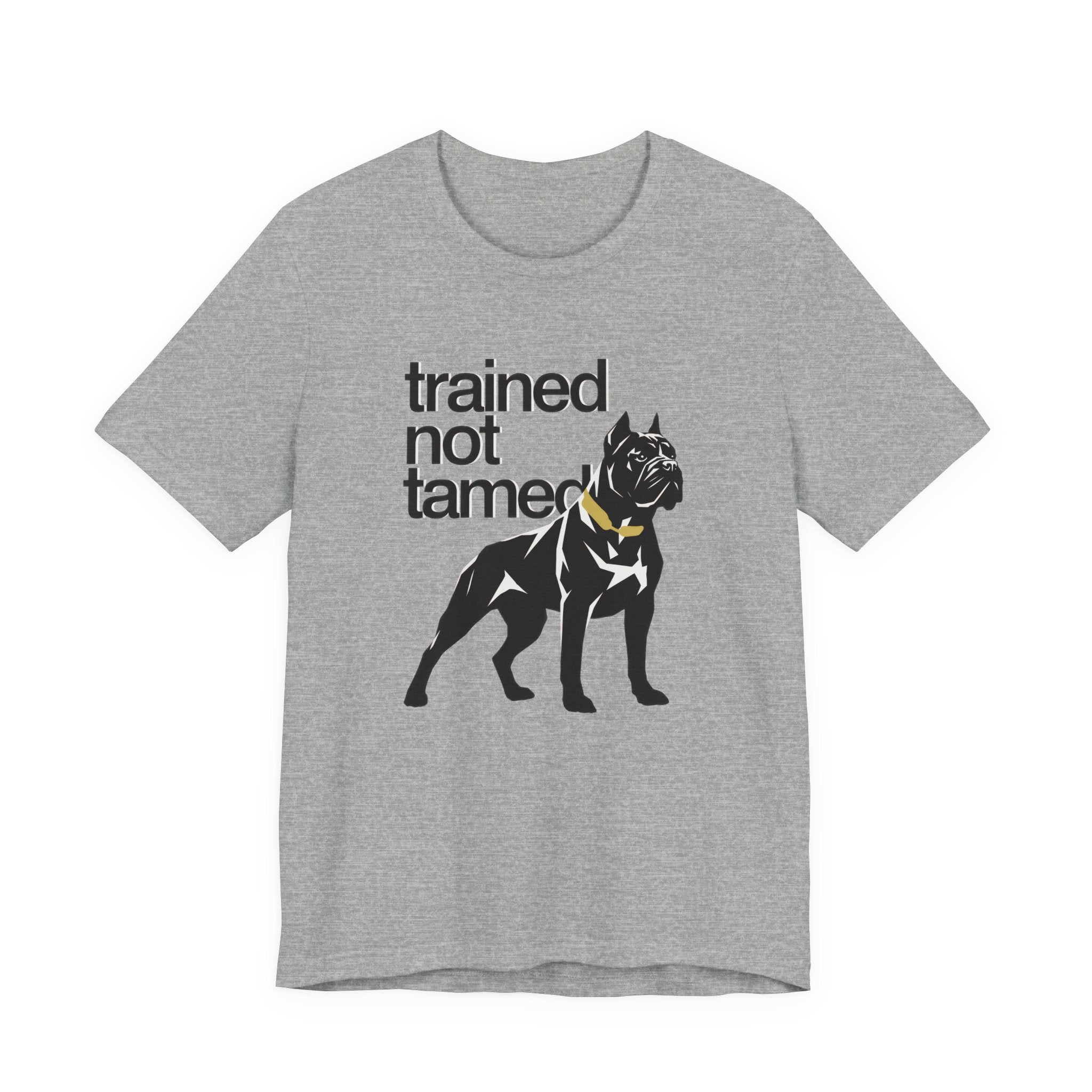 Gray t-shirt with black dog graphic and text 'trained not tamed' on a white background